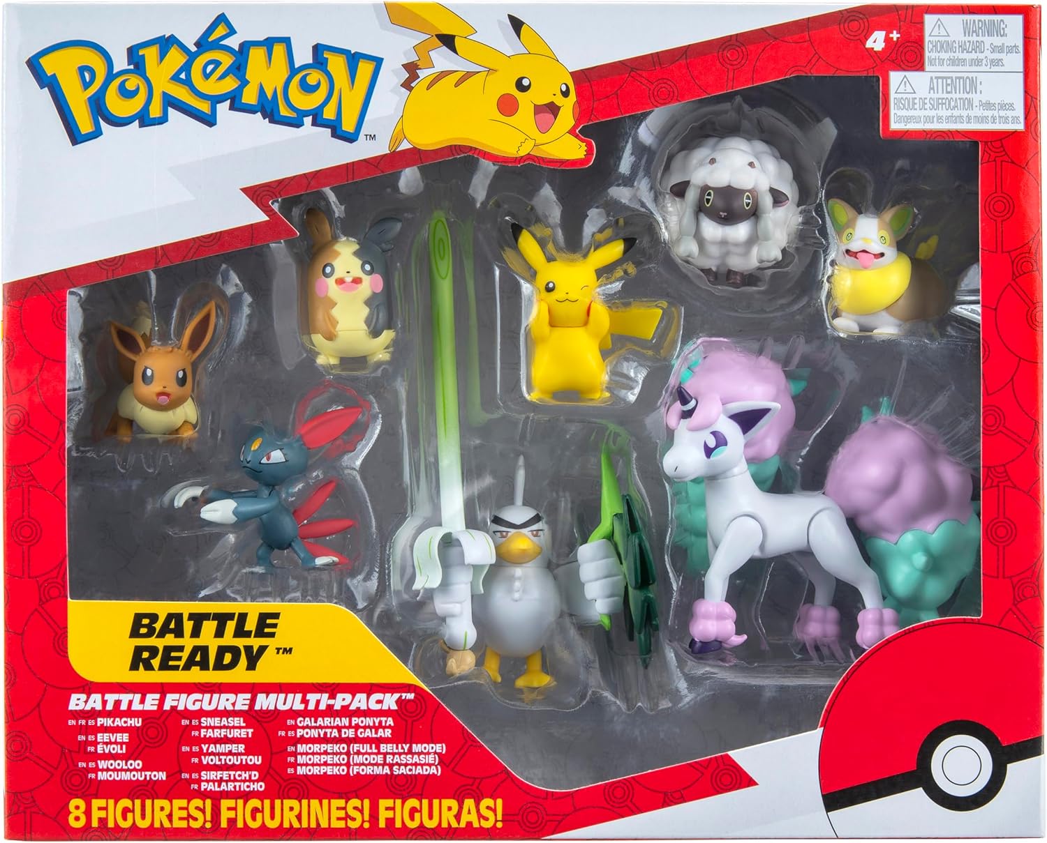 Pokemon Figure Battle Ready! 8-Pack Toy Set - Sword and Shield - 4.5" Ponyta & 2" Pikachu, Eevee, Wooloo, Sneasel, Yamper, Sirfetch'd, Morpeko - Gift for Kids, Boys, Girls - 4+