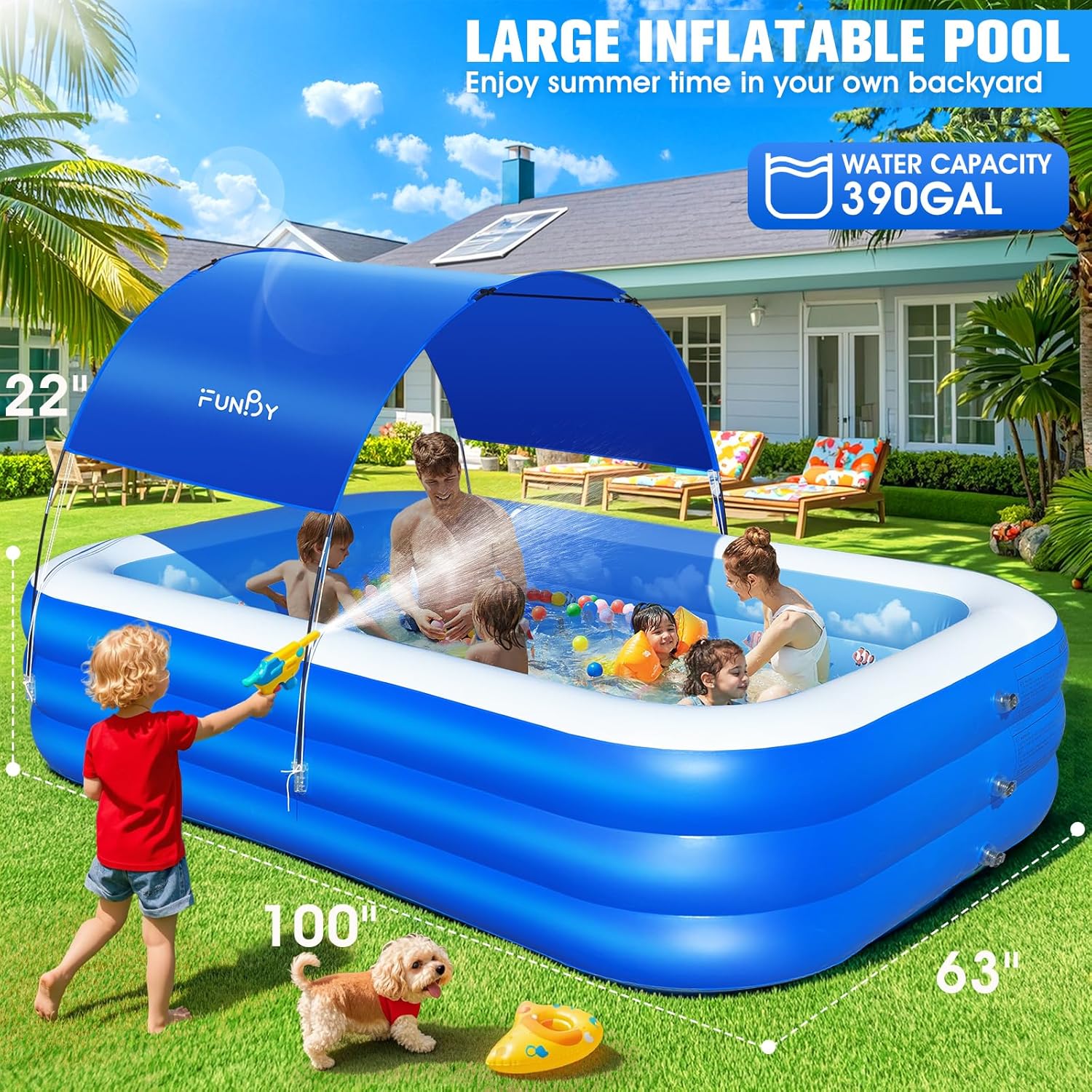 Color Blue Inflatable Pool with Canopy,Upgraded Inflatable Swimming Pool for Kids,Adult,Large Inflatable Blow up Pools,Ocean Theme Oversized Thickened Inflatable Family Pools for Backyard-Blue