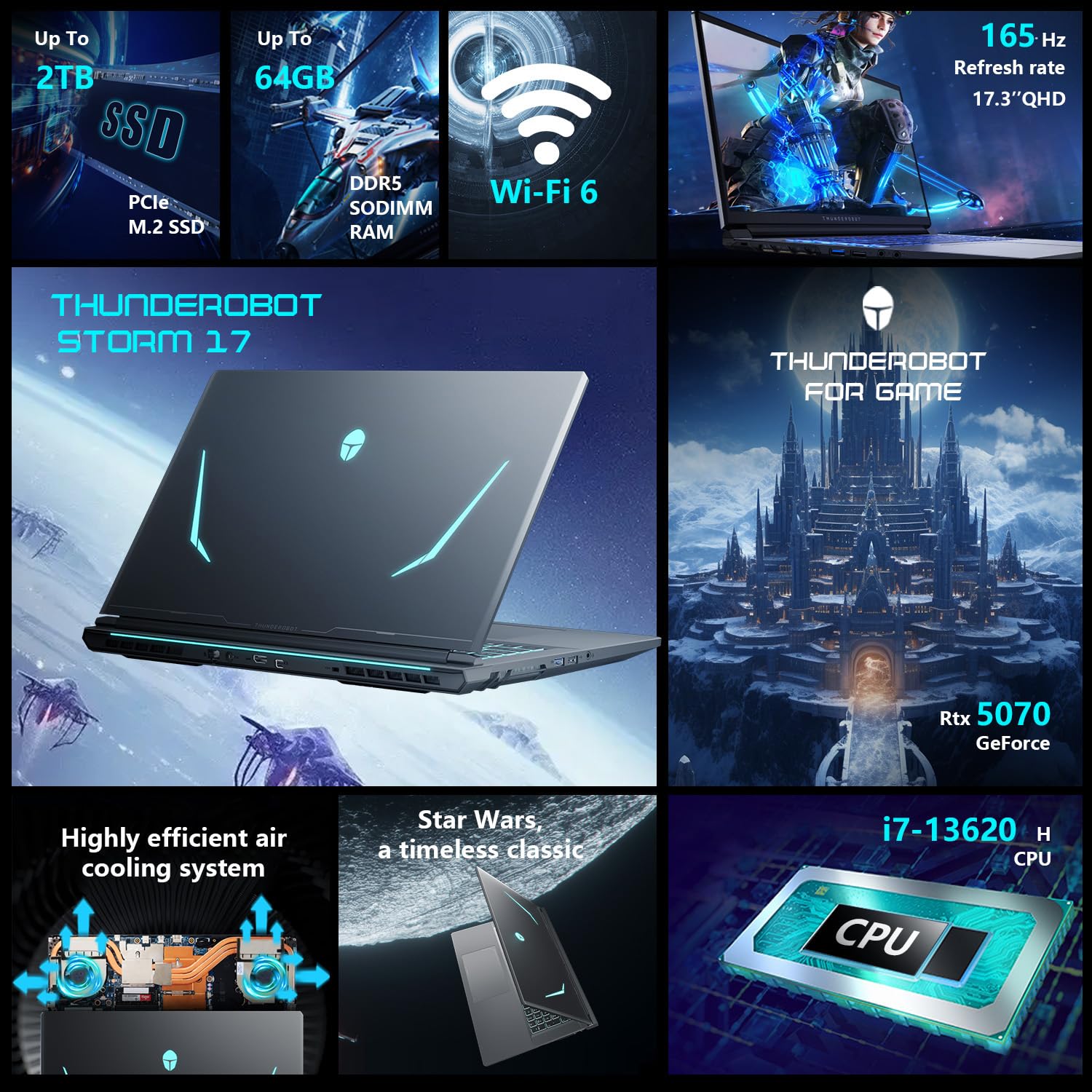Thunderobot Storm 17 5070 Gaming Laptop, 17.3" QHD 165Hz 2K Display, Core i7-13620H, GeForce RTX 5070, 32GB DDR5 RAM, 1TB SSD, RGB Backlit Keyboard, HDMI, Wi-Fi 6, Win11 Home