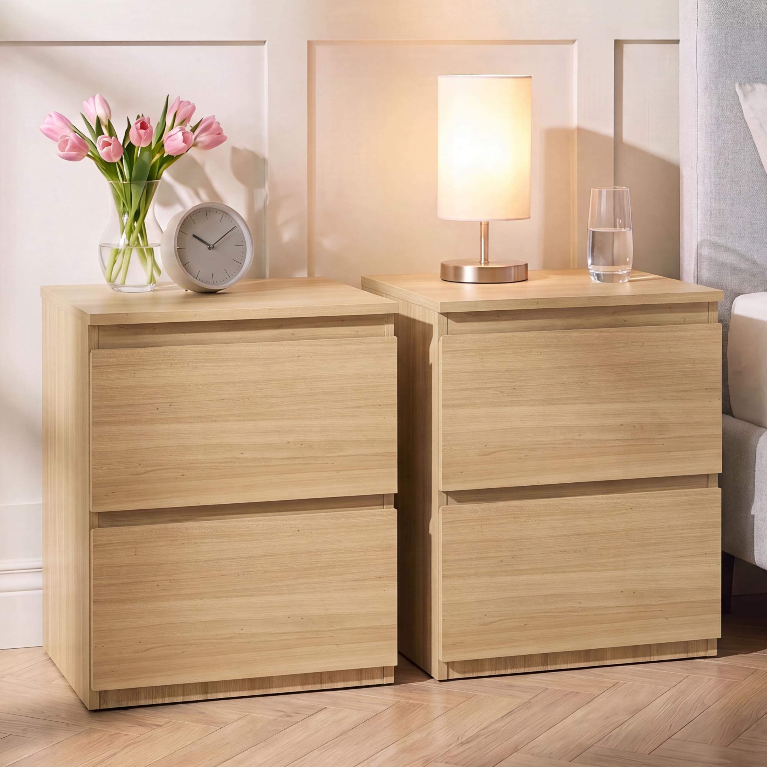 Vida Designs Denver Large 2 Drawer Bedside Chest set of 2 | Pine | Space-Saving Storage | 52H x 39.5W x 39.5D cm | Large Side Table | Minimal | Smooth Metal Runner | Modern Bedroom Nightstand Unit
