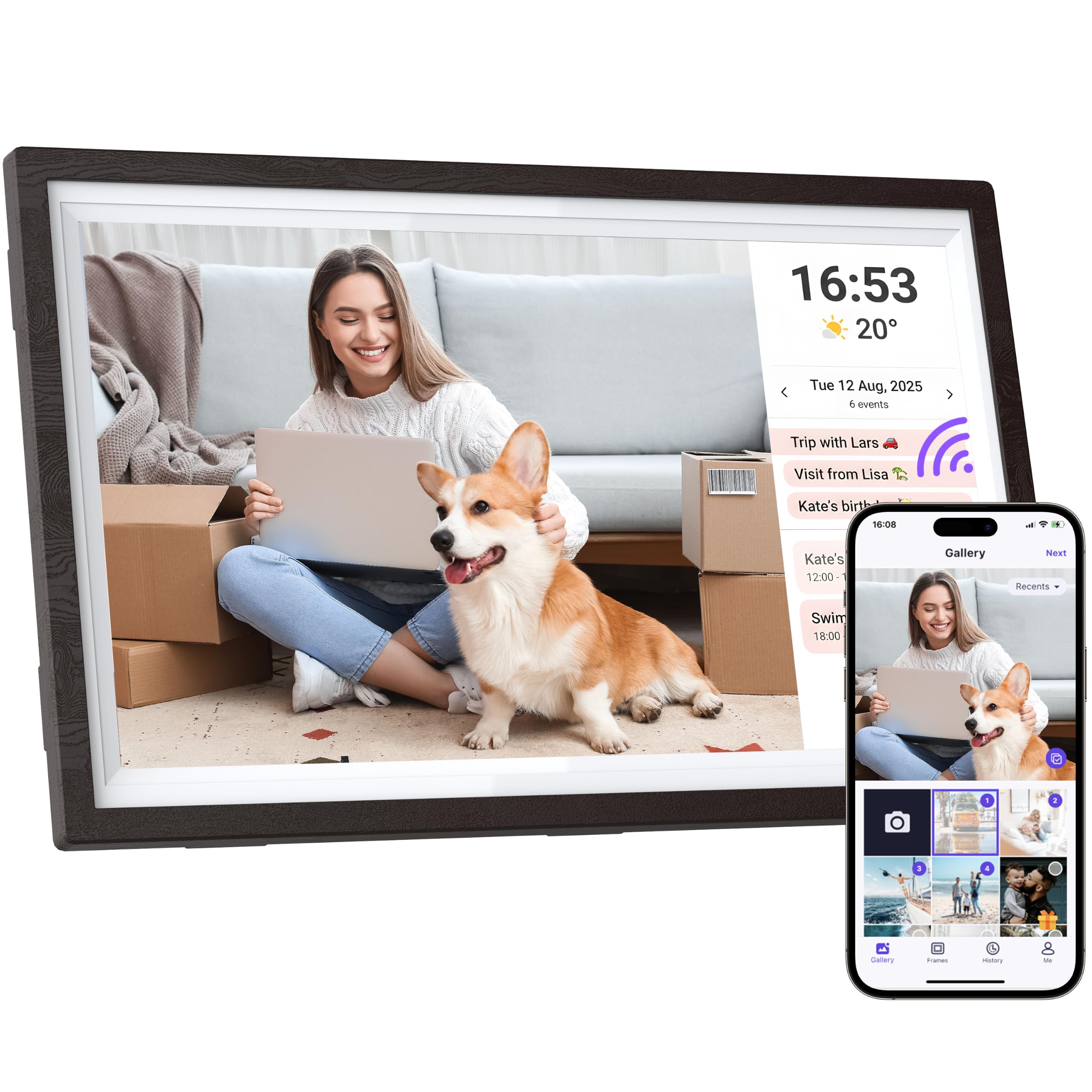 BYYBUO Cornice per foto digitale WiFi da 15,6 pollici, 1366 x 768 IPS Touchscreen, cornice digitale 32G noce marrone, condividere foto o video tramite l'app Frameo 2023