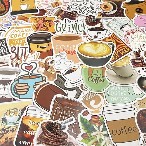Miniatura 2 de 50 calcomanías de café, paquete de calcomanías de vinilo para botella de agua y café para regalos de café, recuerdos de fiesta de café, accesorios