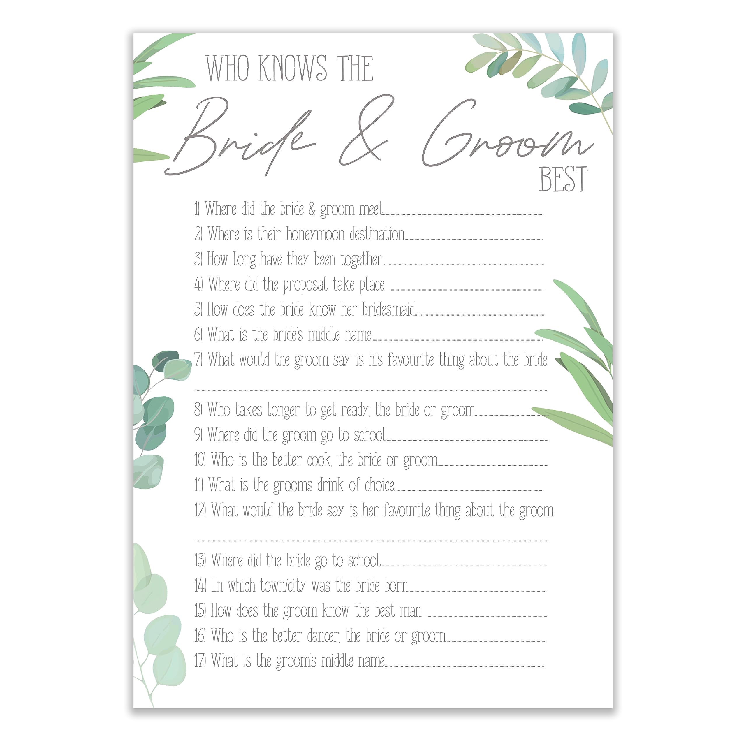 Who Knows The Bride and Groom Best Boho Botanical Design, A5 20 Pack Wedding Favours, Wedding Stationary Ice Breaker Hen Party Supplies (WWKBGBOT20)