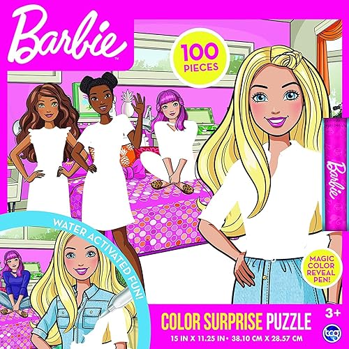 Barbie - Rompecabezas sorpresa de color, rompecabezas mágico de 100 piezas con bolígrafo de agua incluido. Gran regalo de cumpleaños para niños y