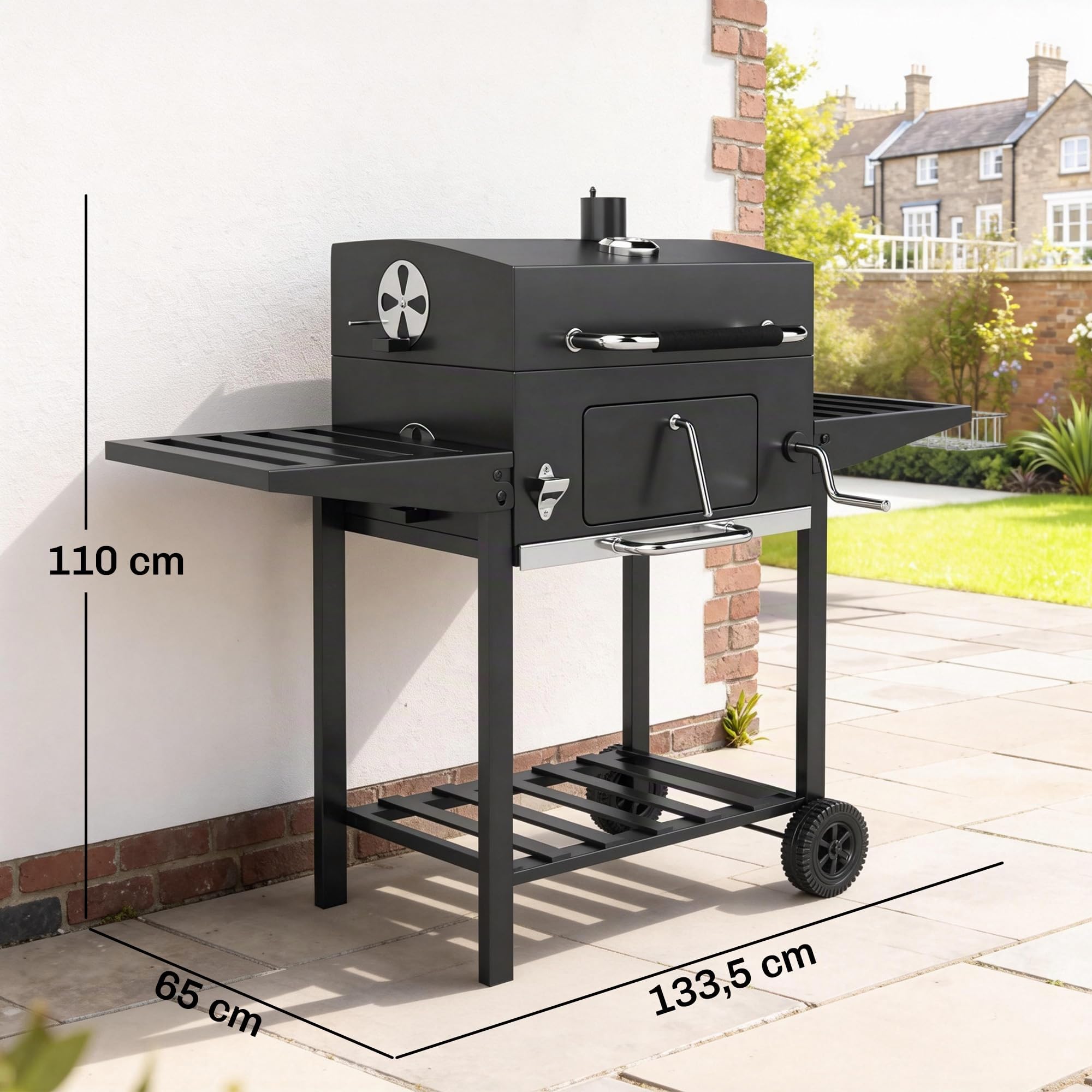 Outsunny Barbacoa de Carbón Portátil, Bandeja Ajustable, Tapa, Negro | Estantes Plegables, Termómetro, Chimenea, Ventilaciones, Cajón de Cenizas, Ruedas