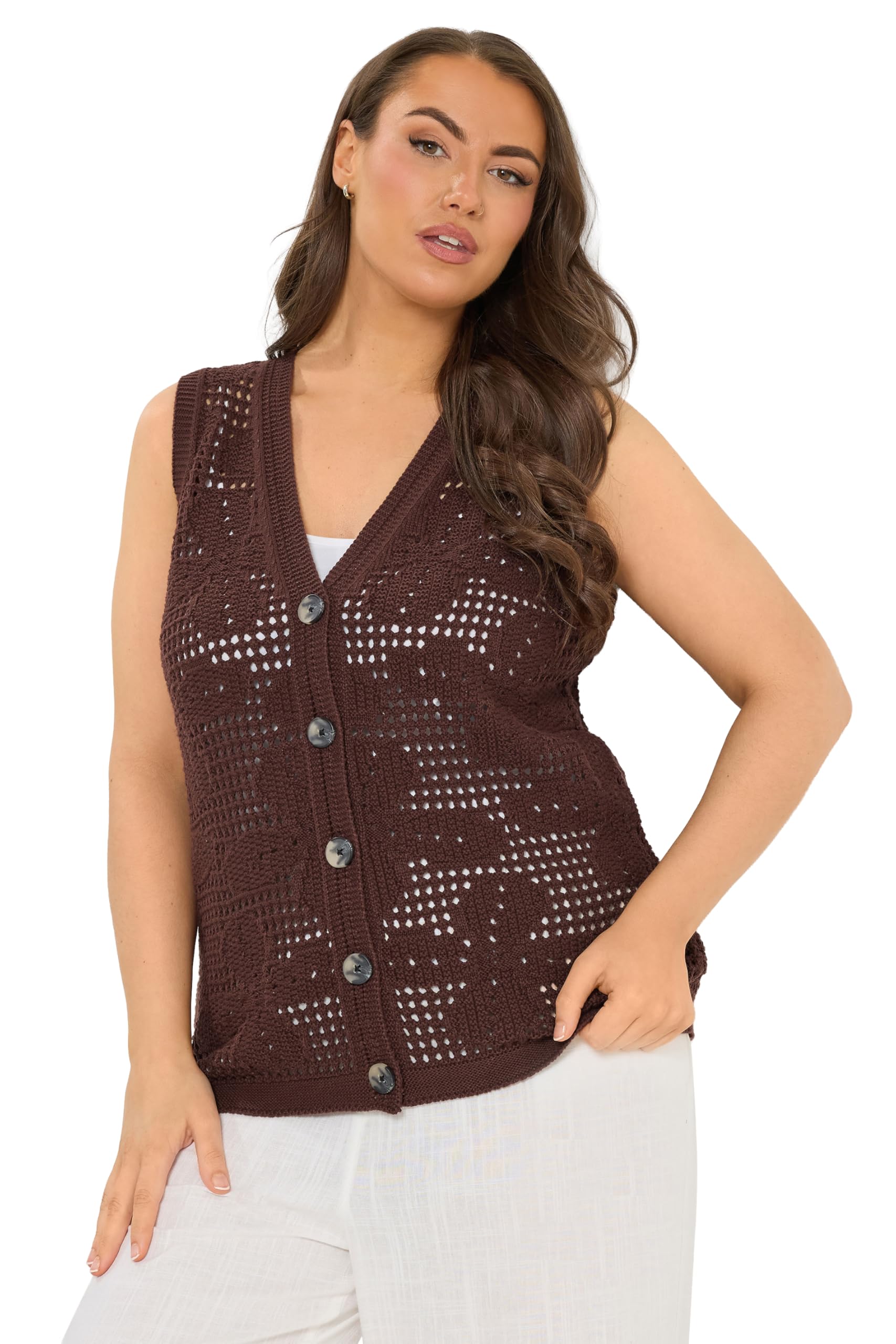 Yours Women's Crochet Knitted Waistcoat in Chocolate | Size: 14-16