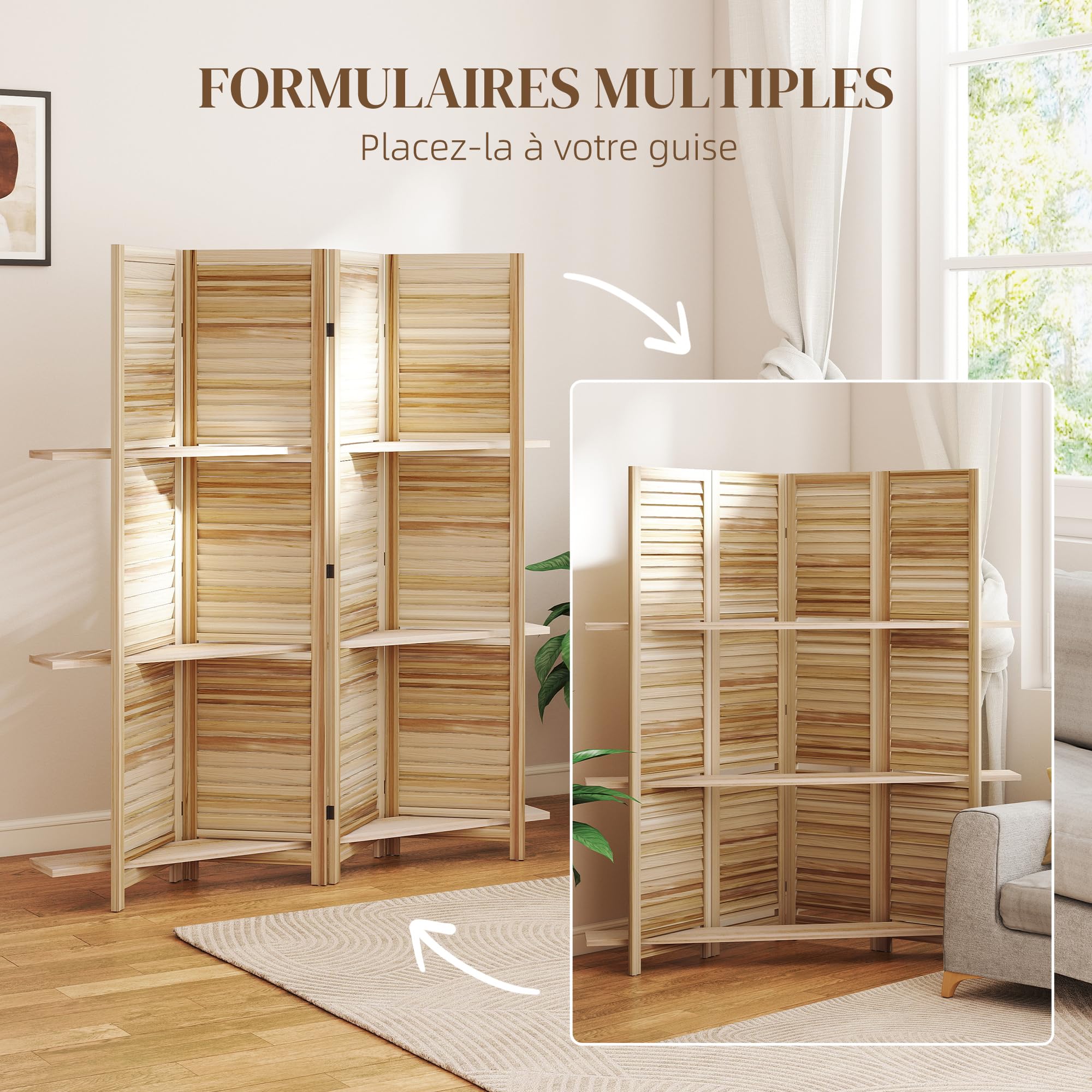 HOMCOM Paravent Intérieur en Bois 4 Panneaux 160 x 170 cm Bois Naturel | Séparateur de Pièce Pliable avec 3 Étagères, Cloison de Séparation, Salon, Chambre à Coucher, Maison