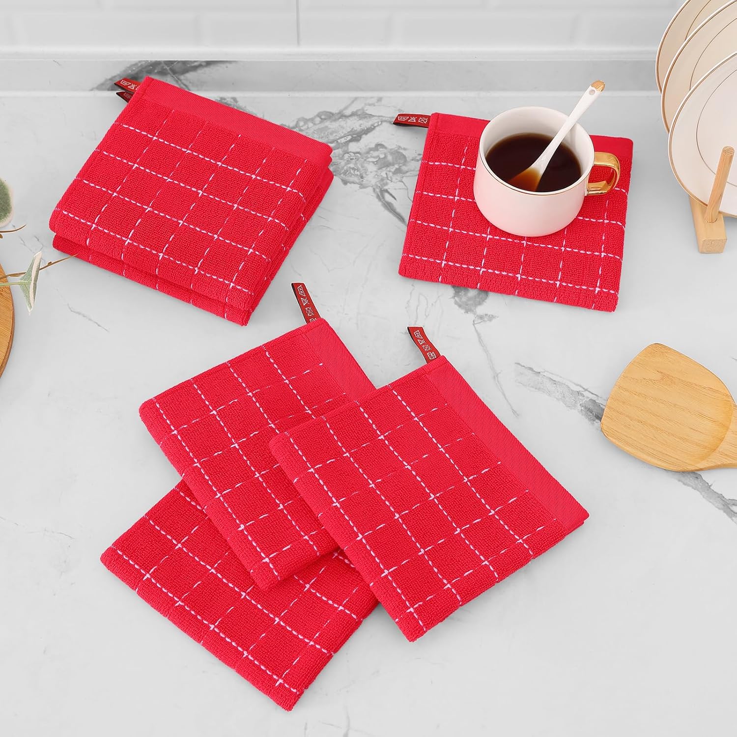 Mordimy 100% Cotton Terry Cloth Dish Cloths, Soft and Absorbent Checkered Dish Towels, Quick Drying Dish Rags for Washing Dishes, 6 Pack, 12 x 12 Inches, Red - Image 7