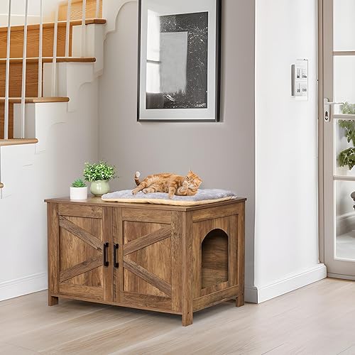 Miniatura 14 de Homhedy - Caja de arena para gatos, muebles de madera para baño de gatos con puerta de granero, casa para mascotas, se adapta a la mayoría de cajas
