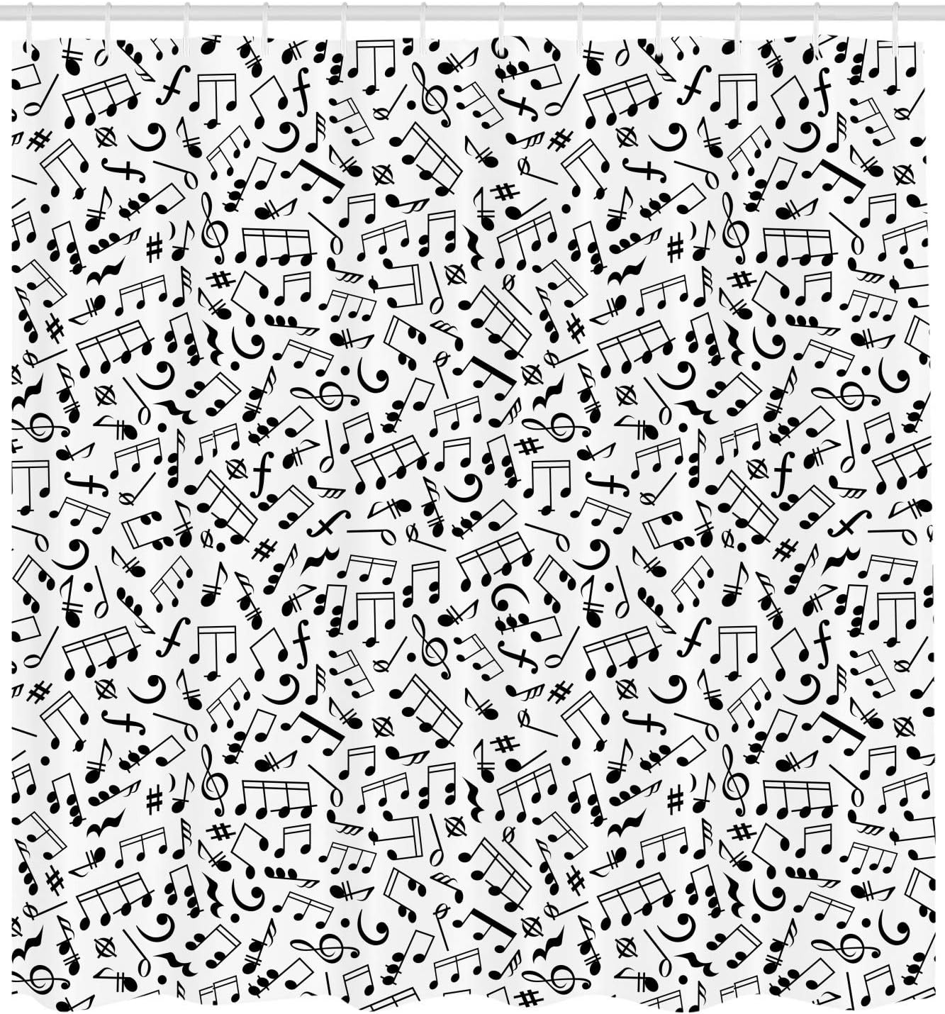 Ambesonne Black and White Shower Curtain, Musical Composition with Notes Quavers Chords Treble Clefs Sheet Elements, Cloth Fabric Bathroom Decor Set with Hooks, 69" W x 75" L, Black White