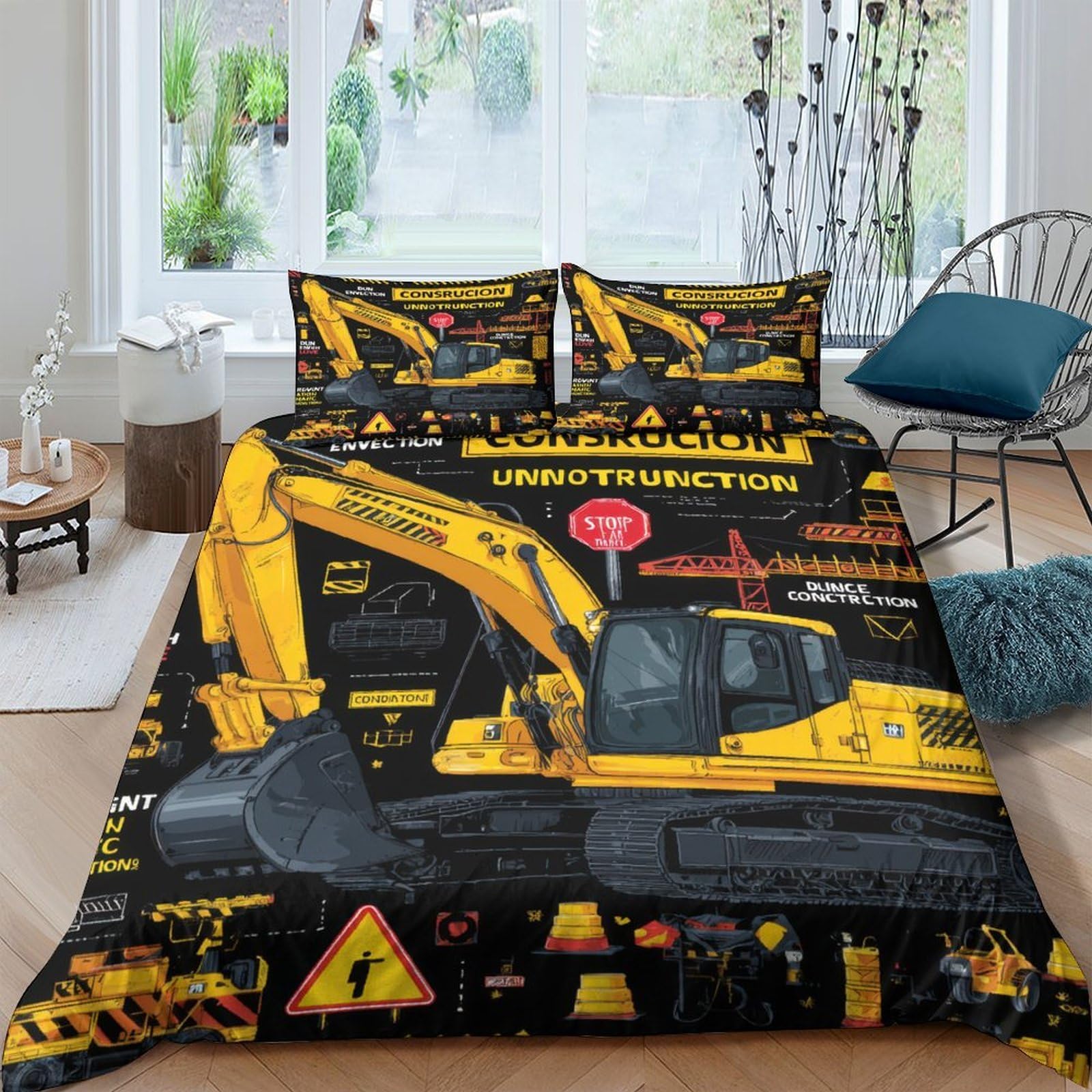 Ctjqhvkz Style-8 3D Printed Excavator Construction Fitted Sheet Microfiber Yellow Digger Bed Cover Anti-Slip Washable For Bedroom Dorm Decor Single（135X200cm）
