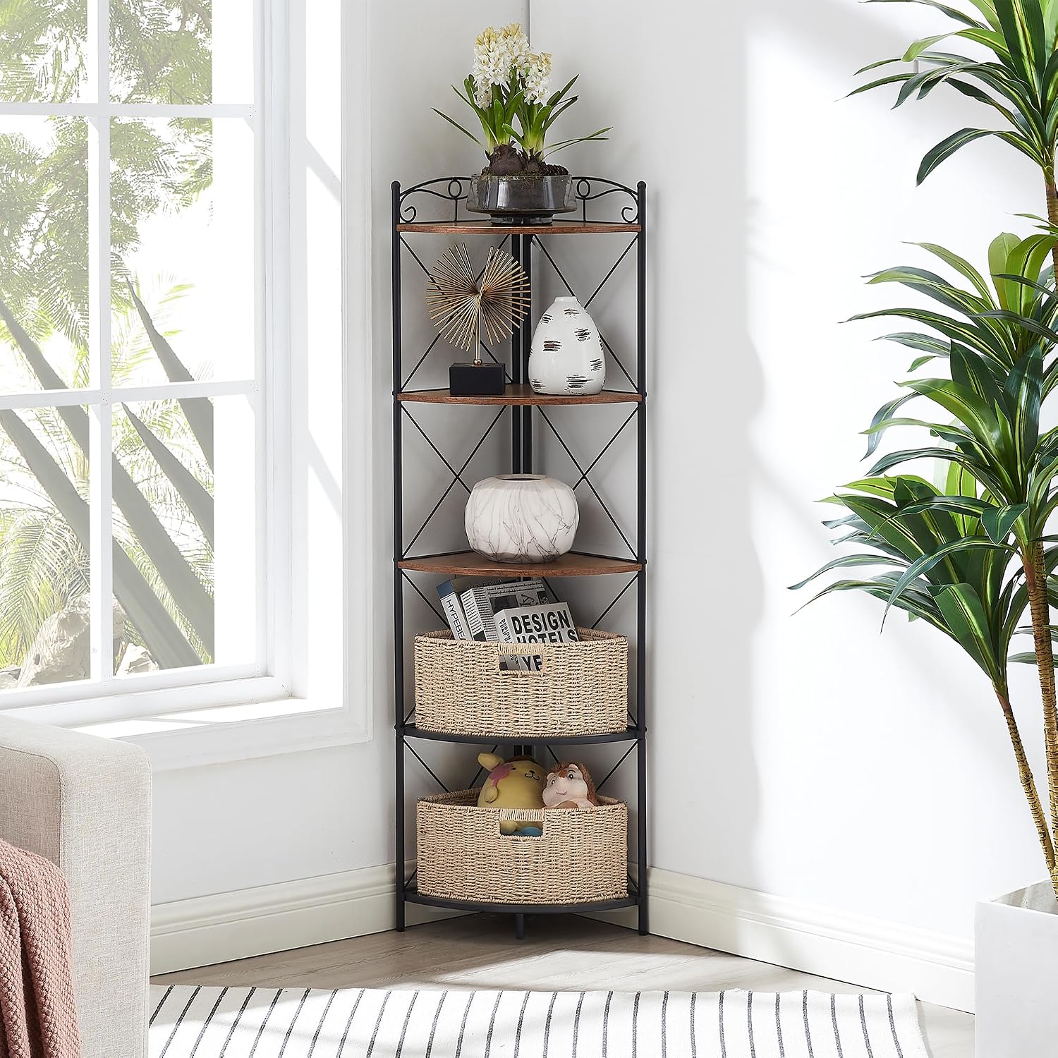 VECELO 5 Tier Corner Shelf with 2 Woven Basket, 55" Tall Standing Organizer, Rustic Brown Storage Rack, Narrow Bookshelf Display Shelves Rack for Wall Corner, Living Room, Kitchen, Bedroom, Office