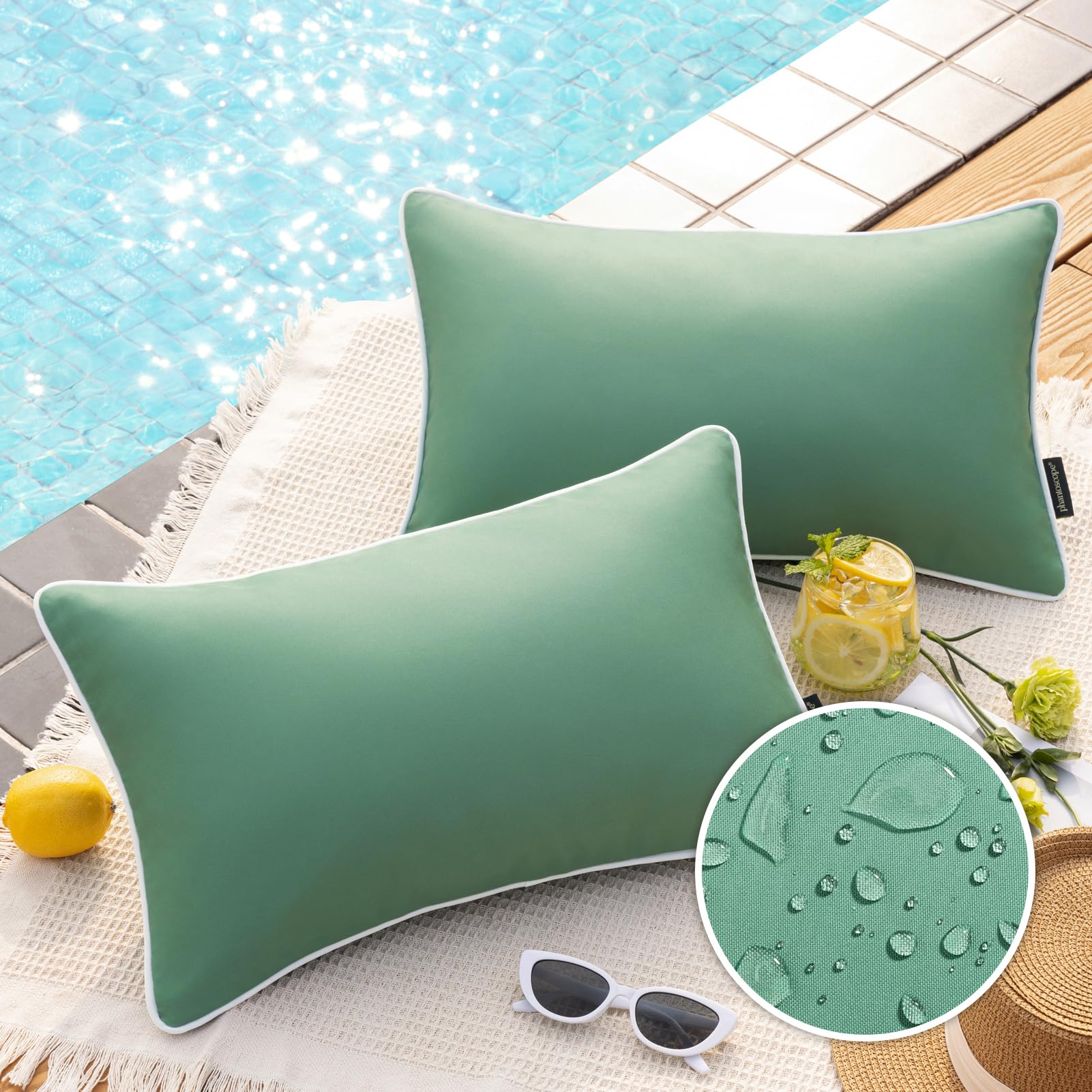 Phantoscope Pack of 2 Outdoor Waterproof Throw Pillow Covers Decorative Square Cushion Case Patio Pillows for Couch Tent Sunbrella, Pine Green 12x20 inches — image 1