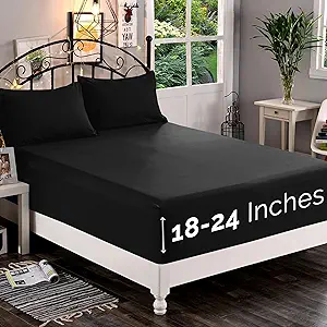 Elegant Comfort 1500 Premium Quality Fitted Sheet Ultra Soft 18-24 Inch Extra Deep Pocket - Single Fitted Sheet for High Mattress - Wrinkle Free with Smart Storage Pockets, King, Black
