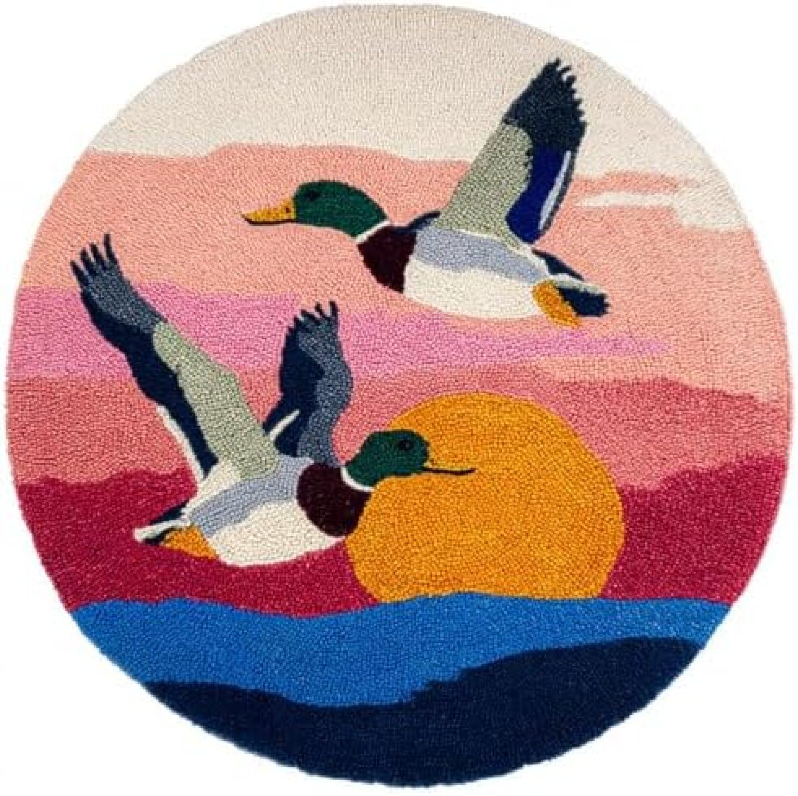 Xdeghuangss Multicoloured Latch Hook Rug Kit Two Flying Mallard Under Sunset Round Rug 52X52cm
