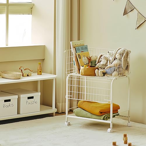 Miniatura 2 de Cesta para almacenamiento de prendas, fácil de mover con ruedas tiene freno, cesta de lavandería, color blanco, cesta rodante