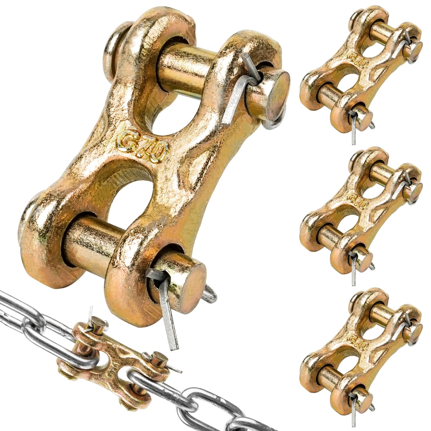 UNRUNFO 3/8 Chain Link, 4 Packs 3/8 Inch Twin Clevis Link, G70 Forged Alloy Steel Heavy-Duty Safety Chain Repair Links, Zinc Plated for Truck/Trailer