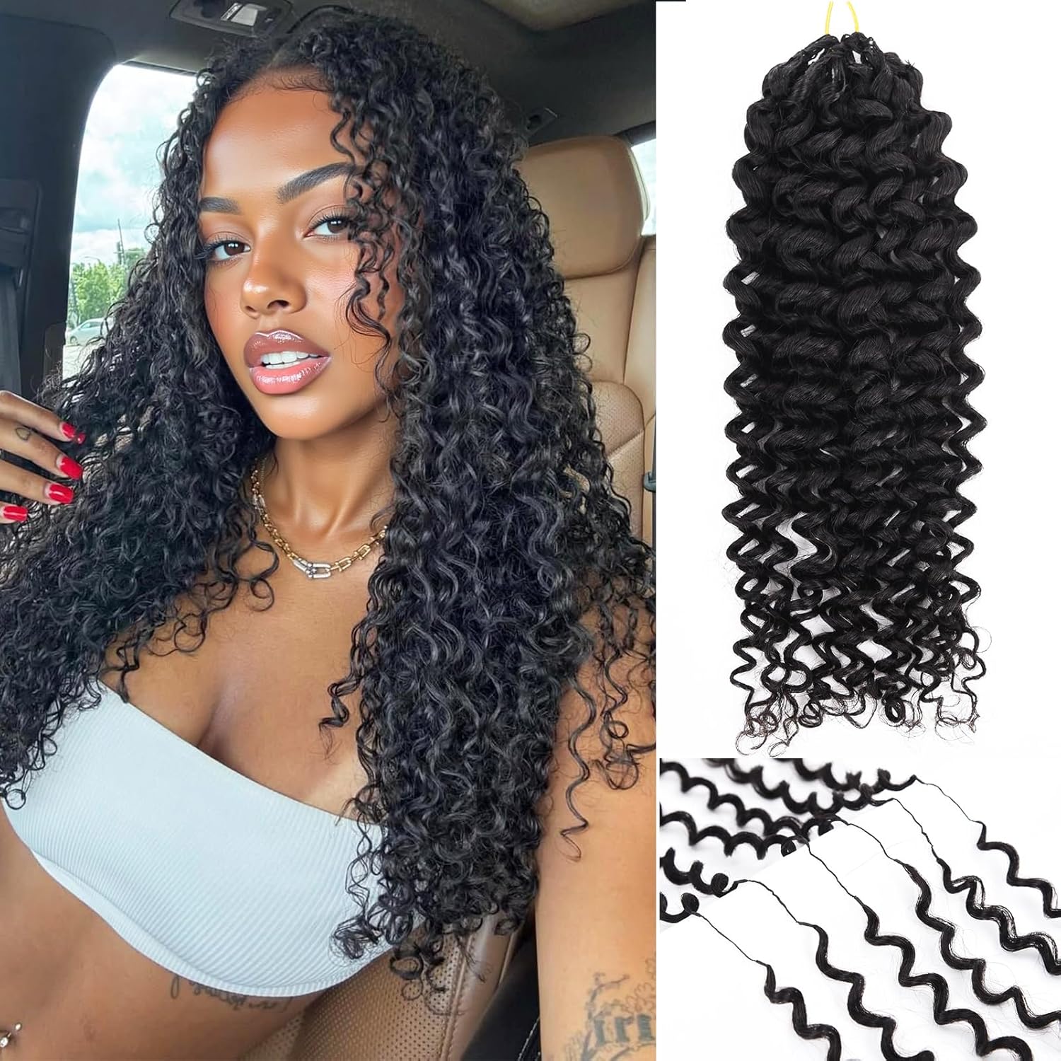 Human Crochet Hair For Black Women Feather Crochet Human Hair Water Wave Human Crochet Hair Extensions Water Wave Crochet Human Hair 20 Inch 50g Pre-Separated Invisible Natural Black