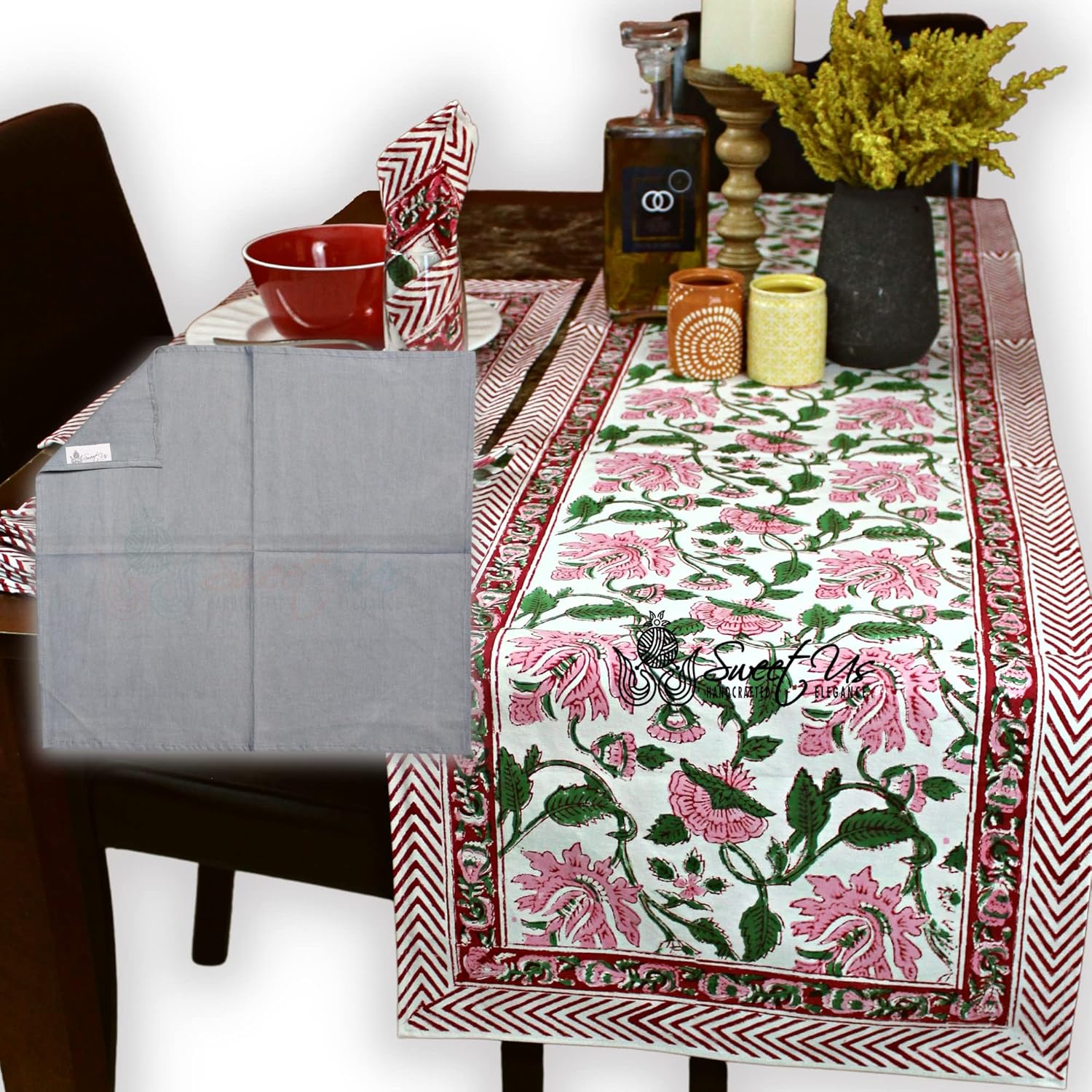 Sweet Us Fiorella Floral Cotton Block Print Table Runner and One Gray Napkin, Floral Kitchen Dining Runner, Table Runner for Indoor and Outdoors, Delicate Pink, 70 x 14 in