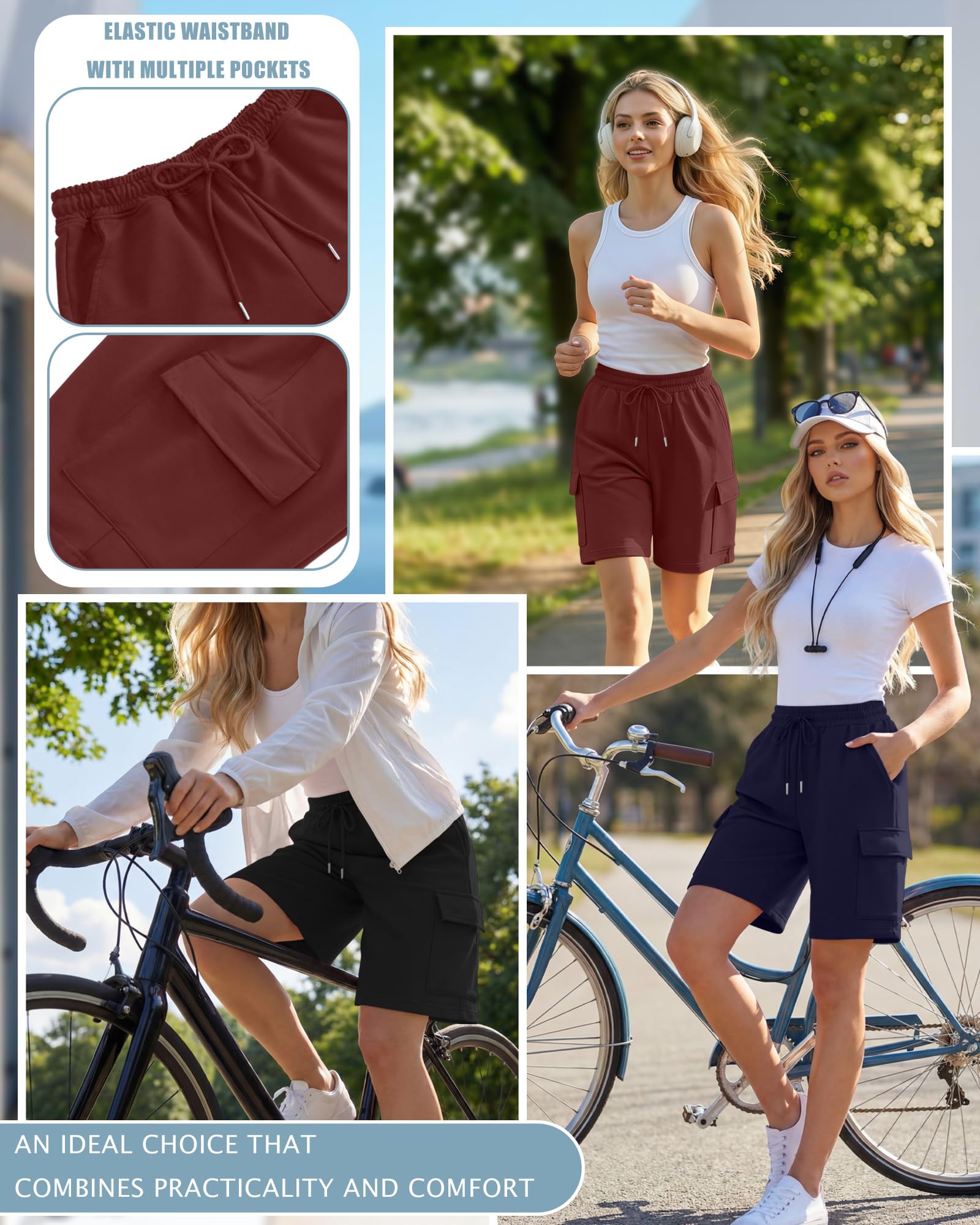 Neer Confezione da 3 bermuda da donna, lunghezza al ginocchio, con coulisse, casual, per yoga, calcio, con 4 tasche