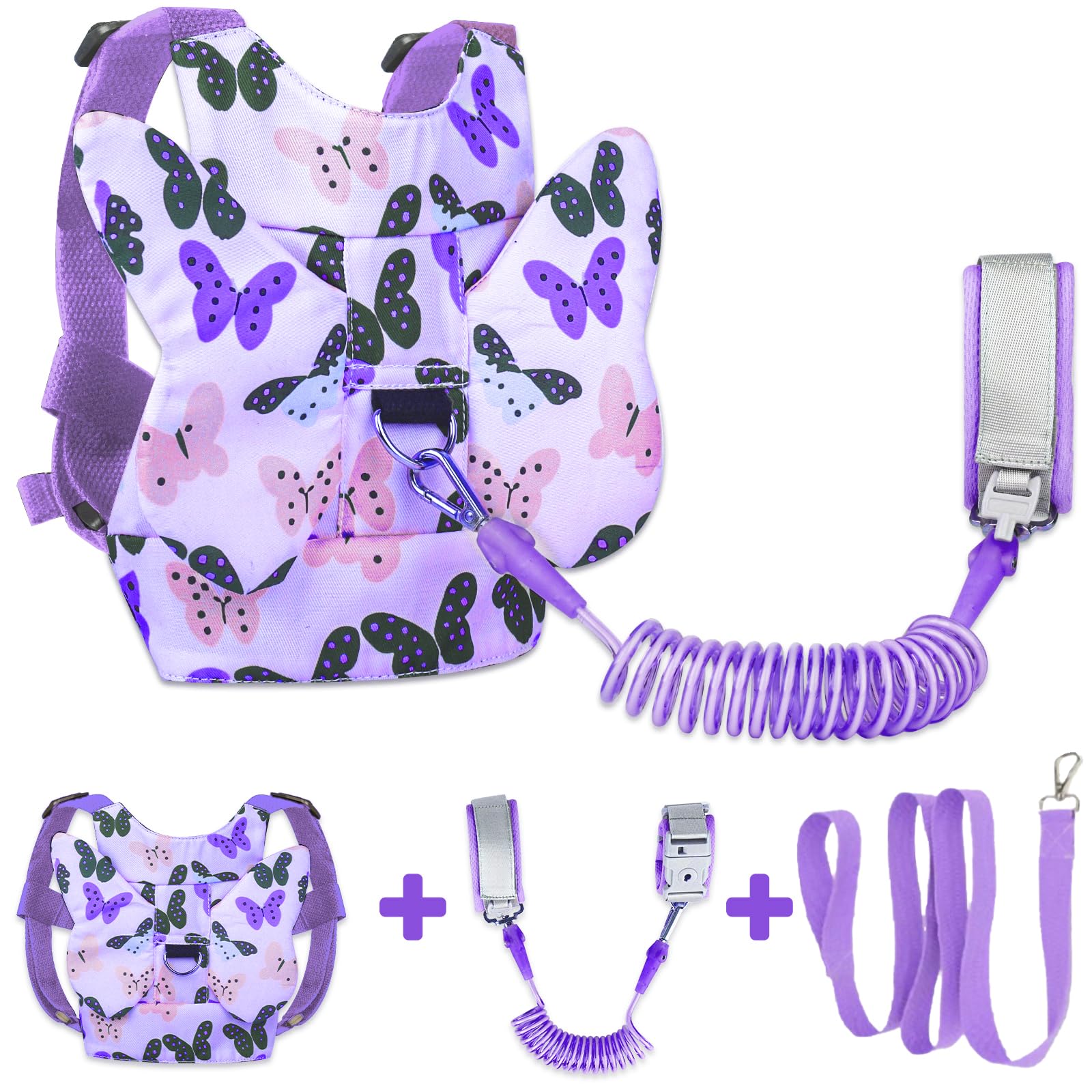 MTOMUYA Toddler Harness with Anti Lost Wrist Link - Adjustable Safety Leash for Kids, Breathable Baby Walking Reins Belt for Travel, Secure Wrist Strap for Crowded Parks, Airports (Purple Butterfly)