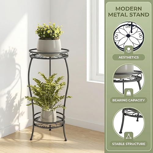 Miniatura 2 de Soporte para plantas para interiores y exteriores, soporte alto de metal negro resistente a la corrosión para plantas, 2 niveles de 27.1 pulgadas,