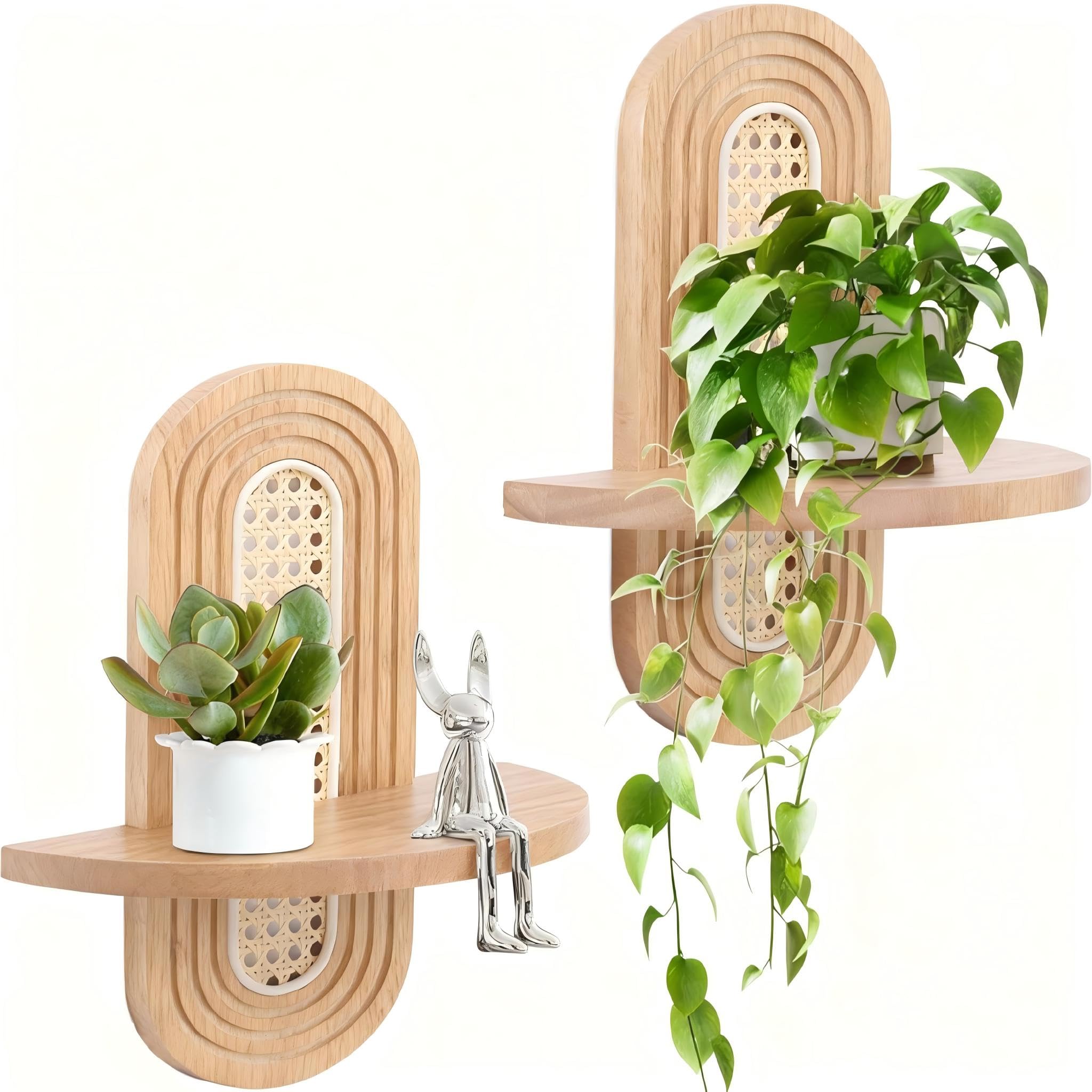 – 2 PCS Wall Rattan Shelf,Boho Rustic Wood Floating Shelves Wall Mounted and Hanging Bookshelf Storage,Small Plants Picture Ledge Decoration Display Shelving for Living Room,Bedroom,Bathroom (Natural)