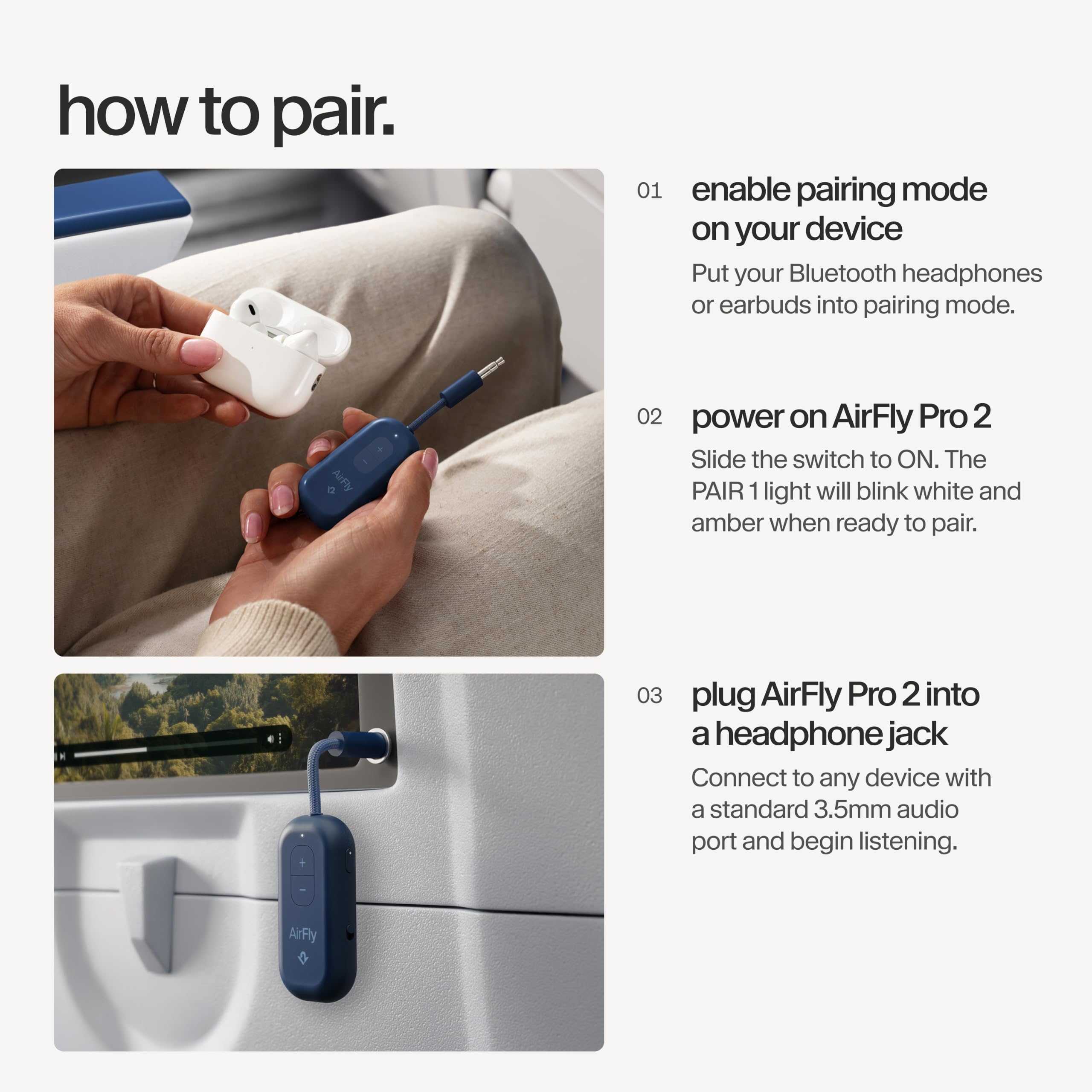Twelve South AirFly Pro 2 Transmisor/Receptor Bluetooth 5.0 para TV/Avión a 2 Auriculares Inalámbricos - Adaptador Inalámbrico para AirPods, Avión, Coche, Gimnasio, Hogar, Uso con Cualquier Conector