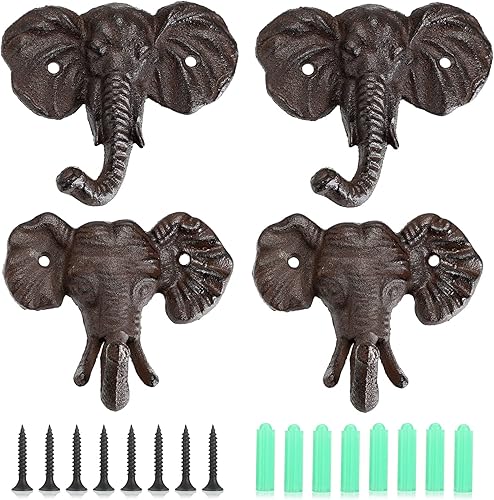 JUXYES Juego de 4 ganchos decorativos de pared vintage con tornillos, de hierro fundido resistente, con forma de animal, colgador colgante retro,