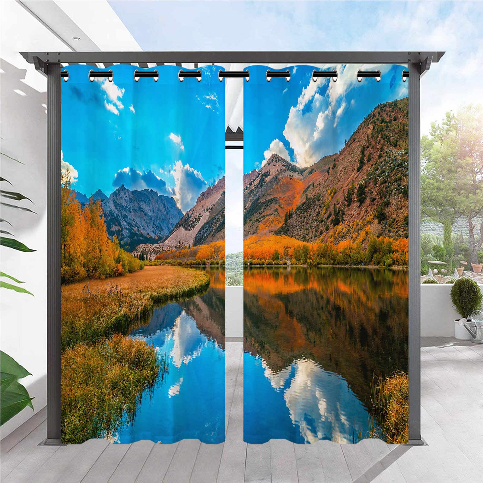 ANHOPE Outdoor Curtains Waterproof Eyelet Ring Top Drapes Autumn Sunrise Forest Mountain Print Pattern Privacy Outside Curtains for Garden Patio Gazebo Pergola 2 Panels W 52" x L 108" โ image 1