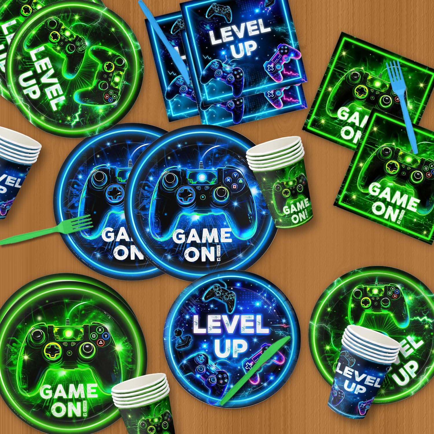 Video Game Birthday Decorations – Neon Game Tableware: Plates, Napkins, Cups, Cutlery, Cake & Cupcake Toppers, Banner, Hanging Swirls, Tablecloths, Balloons for Boy Gamer Birthday Party, Serves 24