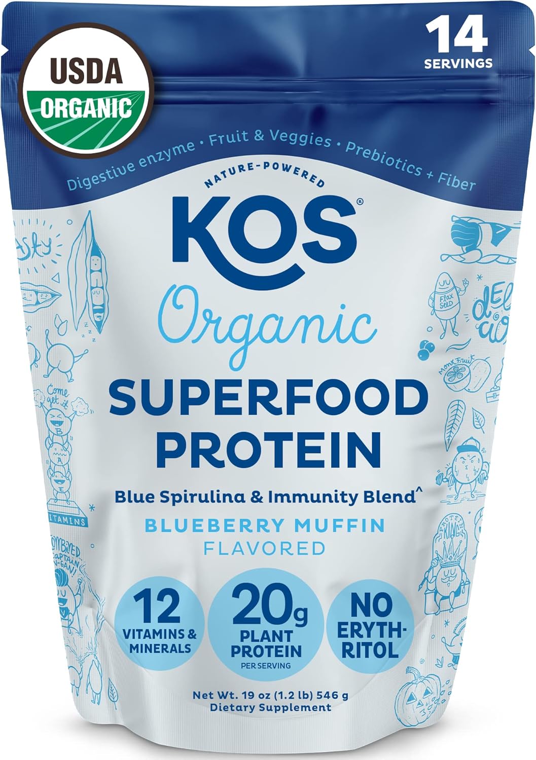 KOS Plant Based Protein Powder, No Erythritol, Blueberry Muffin Organic Pea