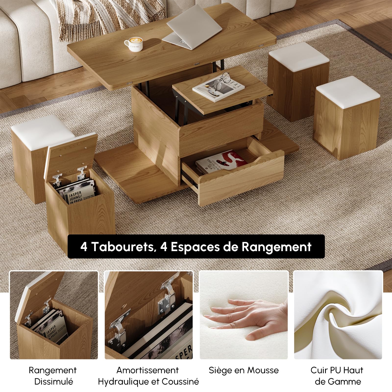 Homary Table Basse Relevable en Bois avec 4 Chaises Cachées Moelleuses, Tournante Hydraulique, Mode Bureau Salle à Manger, Rangement Intégré, Meuble Moderne Multi-Fonction Claire