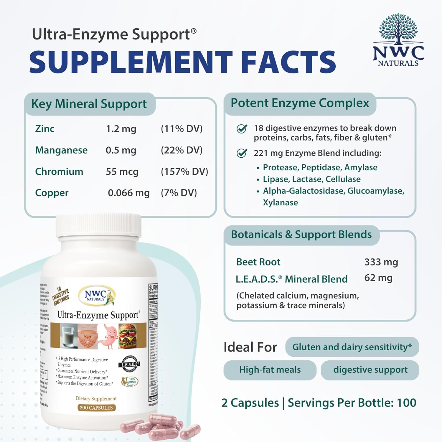 NWC Naturals Ultra-Enzyme Support, Natural Digestive Supplement, Promotes Optimal Health and Digestion, 200 count Capsules - Image 7