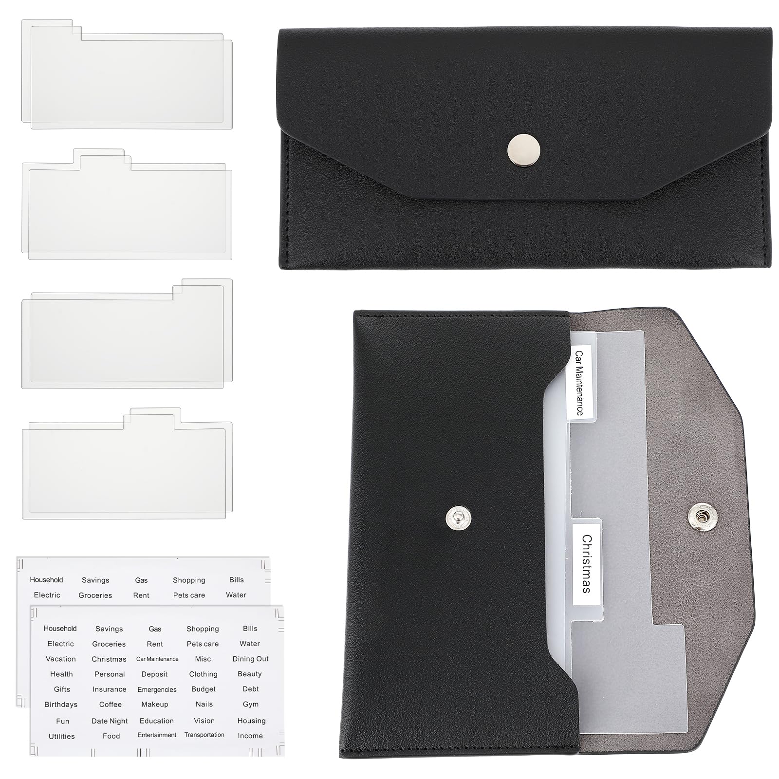 Lusofie Budget Cash Envelope Cash Envelope Wallet Black PU Leather Divider Wallet Label Sticker Budget Envelopes Set Suitable for Budget Planners and Cash Organizer