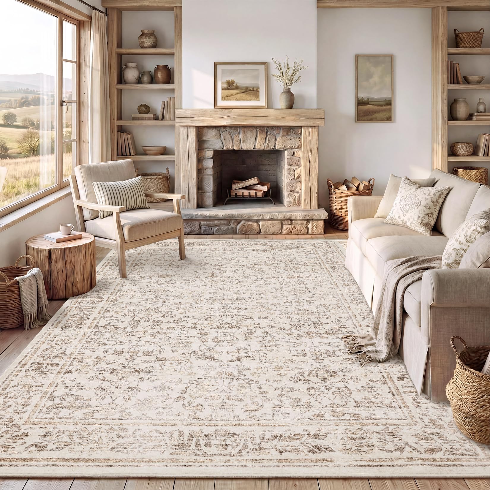garveehome 8x10 washable area rugs for living room, large neutral beige boho vintage rug non slip low pile stain resistance indoor soft throw carpet for bedroom dining room farmhouse office