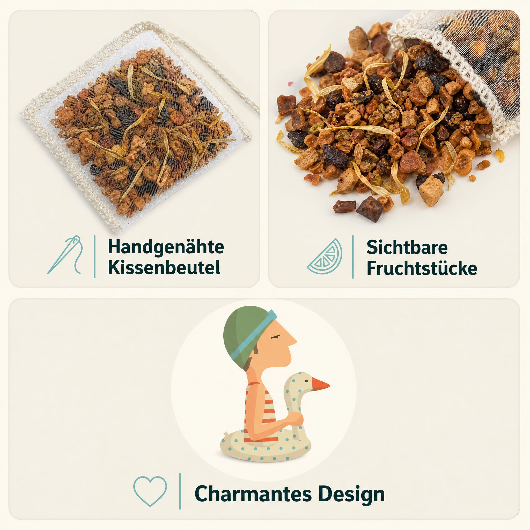 6 x Trink Meer Tee Früchtetee Nichtschwimmer, aromatisiert mit Holunder, Orange und Vanille, handgenähte Kissenbeutel, koffeinfrei, vegan und glutenfrei, zertifiziert, 30 Kissenteebeutel