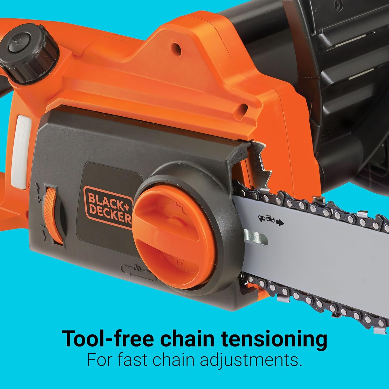 Close-up of the chainsaw's tool-free chain tensioning system.