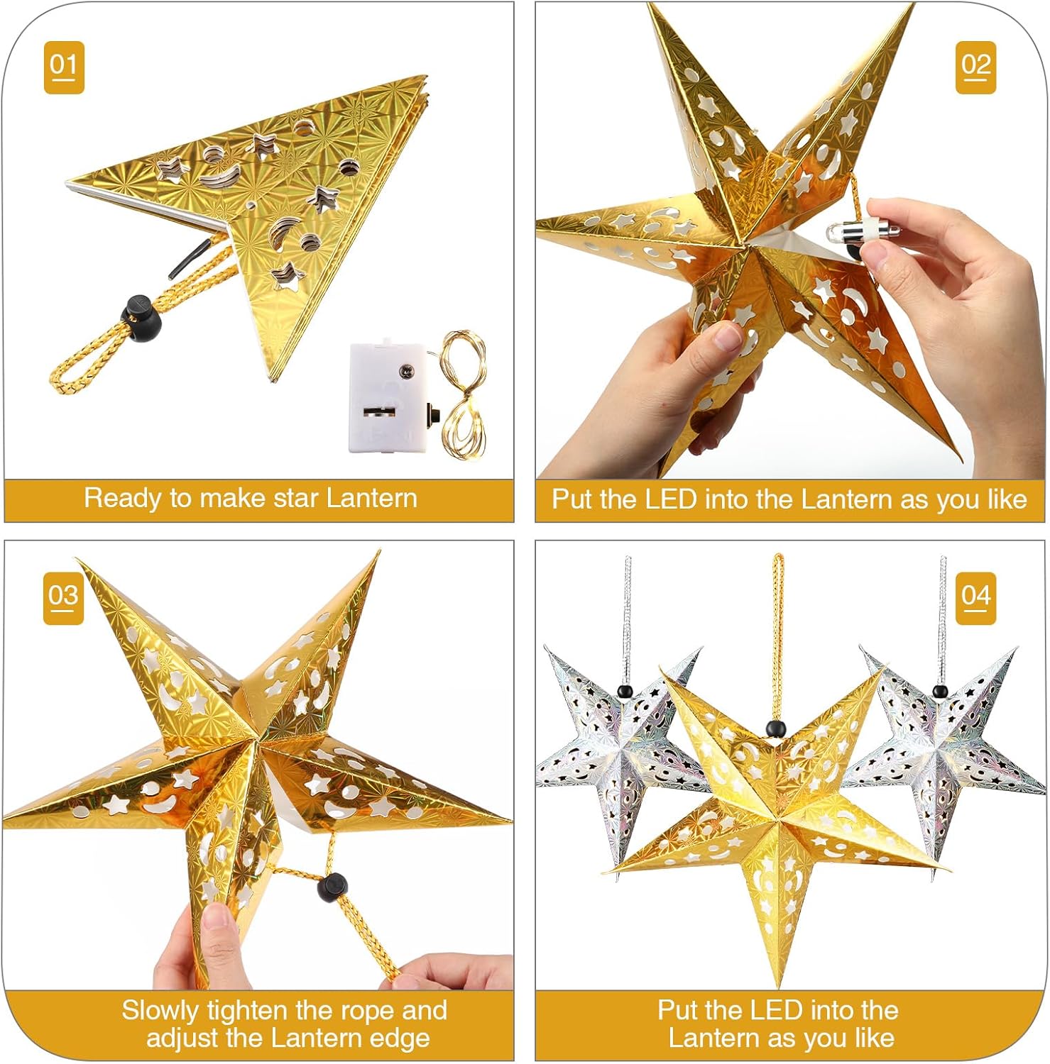 Zhanmai 10 Pcs Large 3D Gold Paper Star Lantern with 10 LED Lights 11.8 Inch 5 Point Hollow Hanging Paper Star Lampshade Decoration Light Lanterns for Wedding Birthday New Year Party Home Decor