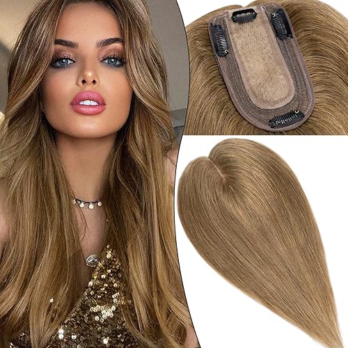 S-noilite Topper Hiar - Parte superior de seda para mujer, 130% de densidad, hecha a mano, clip en la parte superior, parte media, cabello superior