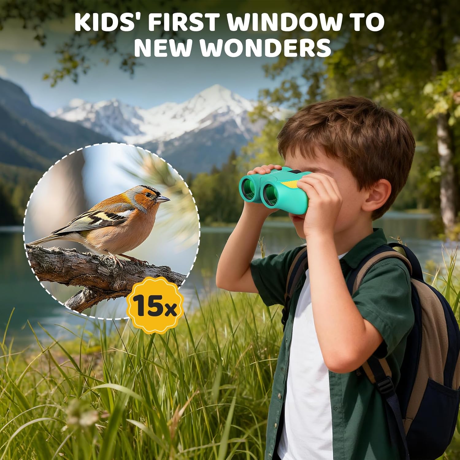 Aurosports 15x25 Compact Binoculars for Kids - Small Binoculars Lightweight with Carrying Case Birding Guide for Bird Watching Hiking Camping Travel Gift for 8-12 Years Boys Girls (Green) - Image 2