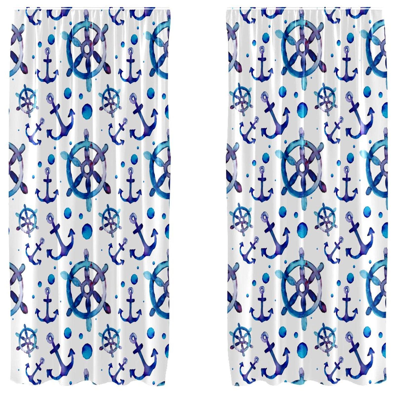 Rideaux thème marin bleu aquarelle motif ancre gouvernail voilage salon 140x213cm