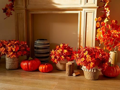 Miniatura 7 de PARTY JOY 4 ramas artificiales de calabaza de hoja de arce con bayas y flores de sol, rama floral de otoño para decoración de arreglos de bricolaje,