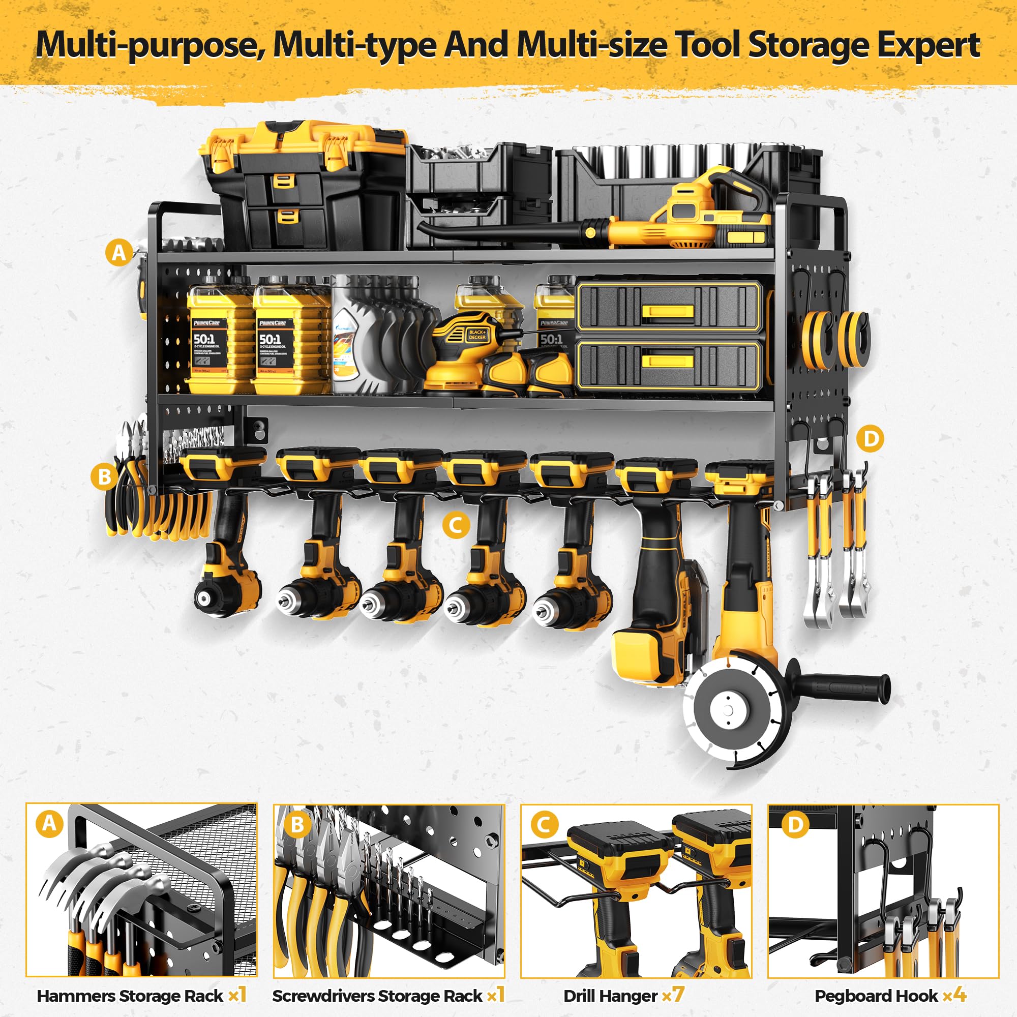 Mens Gifts Power Tool Organizer Wall Mount With Pegboard - 7 Drill Holder Garage Organization Storage Rack Cordless Tool Heavy Duty Metal Tool Shelf