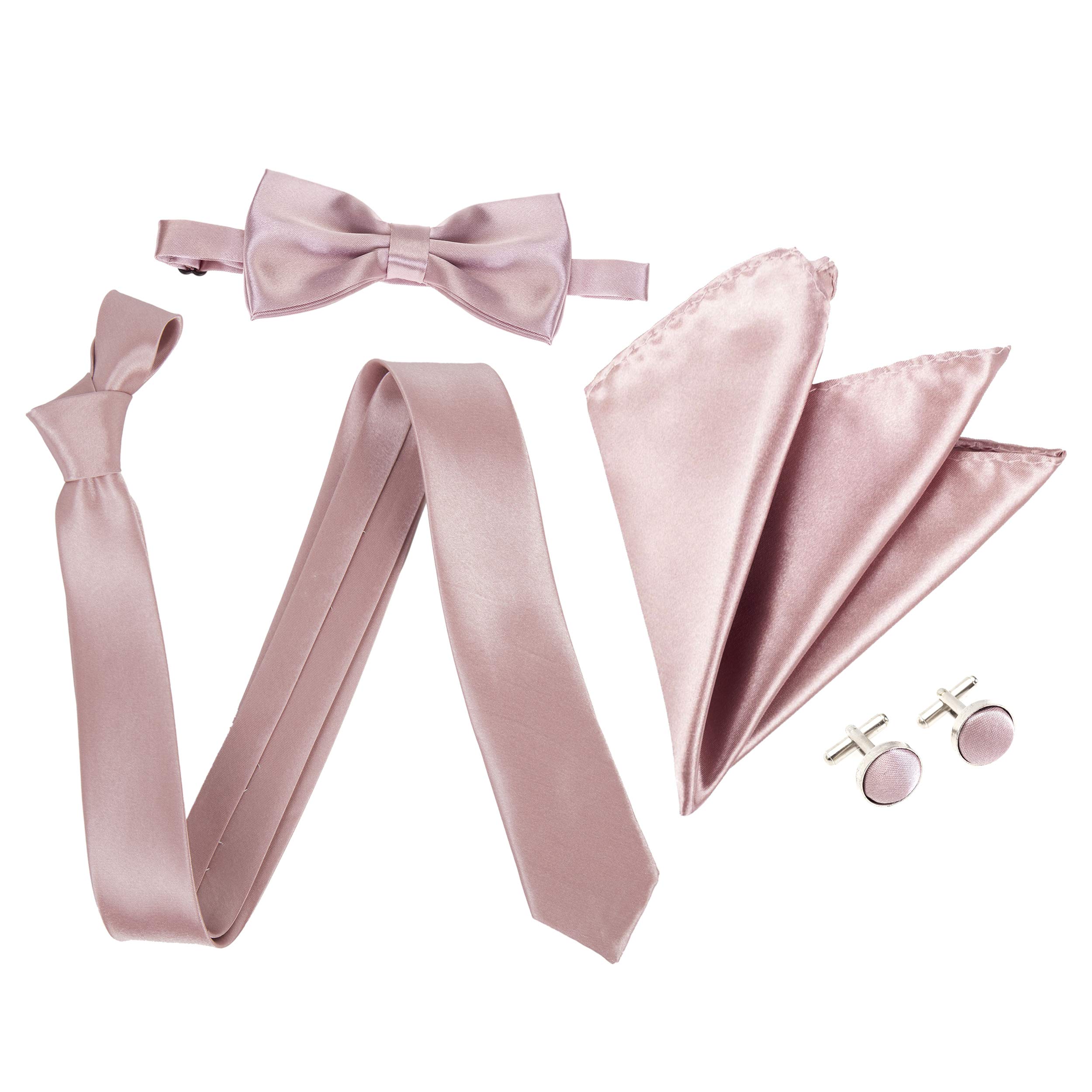 Slim 2" Satin Solid Colour Classic Plain Polyester Tie Set - Tie, Bow Tie, Handkerchief & Cufflinks (4pc) (Dusty Pink)