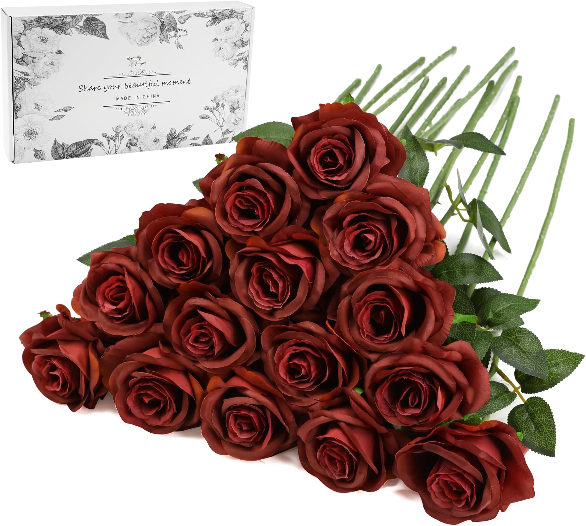 Brown Fake Roses Artificial Flowers - 16 Pcs Fake Artificial Roses Silk Flowers with Stems for Home Wedding Hotel Office Centerpiece Decor（Orange Brown）