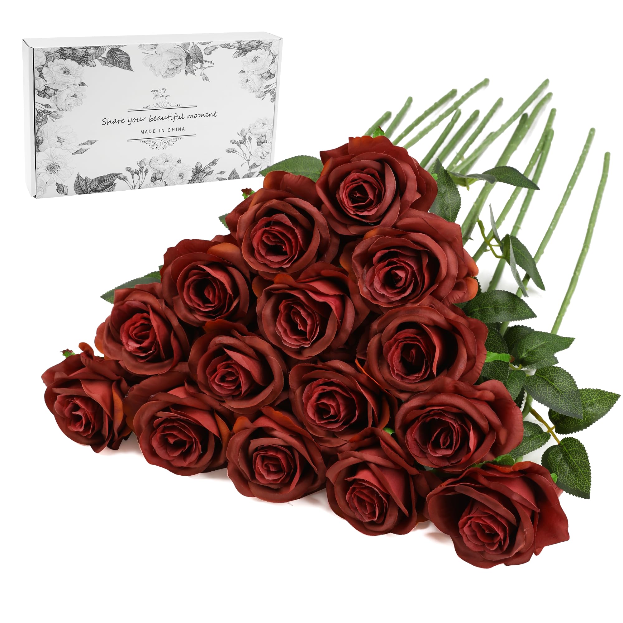 Brown Fake Roses Artificial Flowers - 16 Pcs Fake Artificial Roses Silk Flowers with Stems for Home Wedding Hotel Office Centerpiece Decor（Orange Brown）