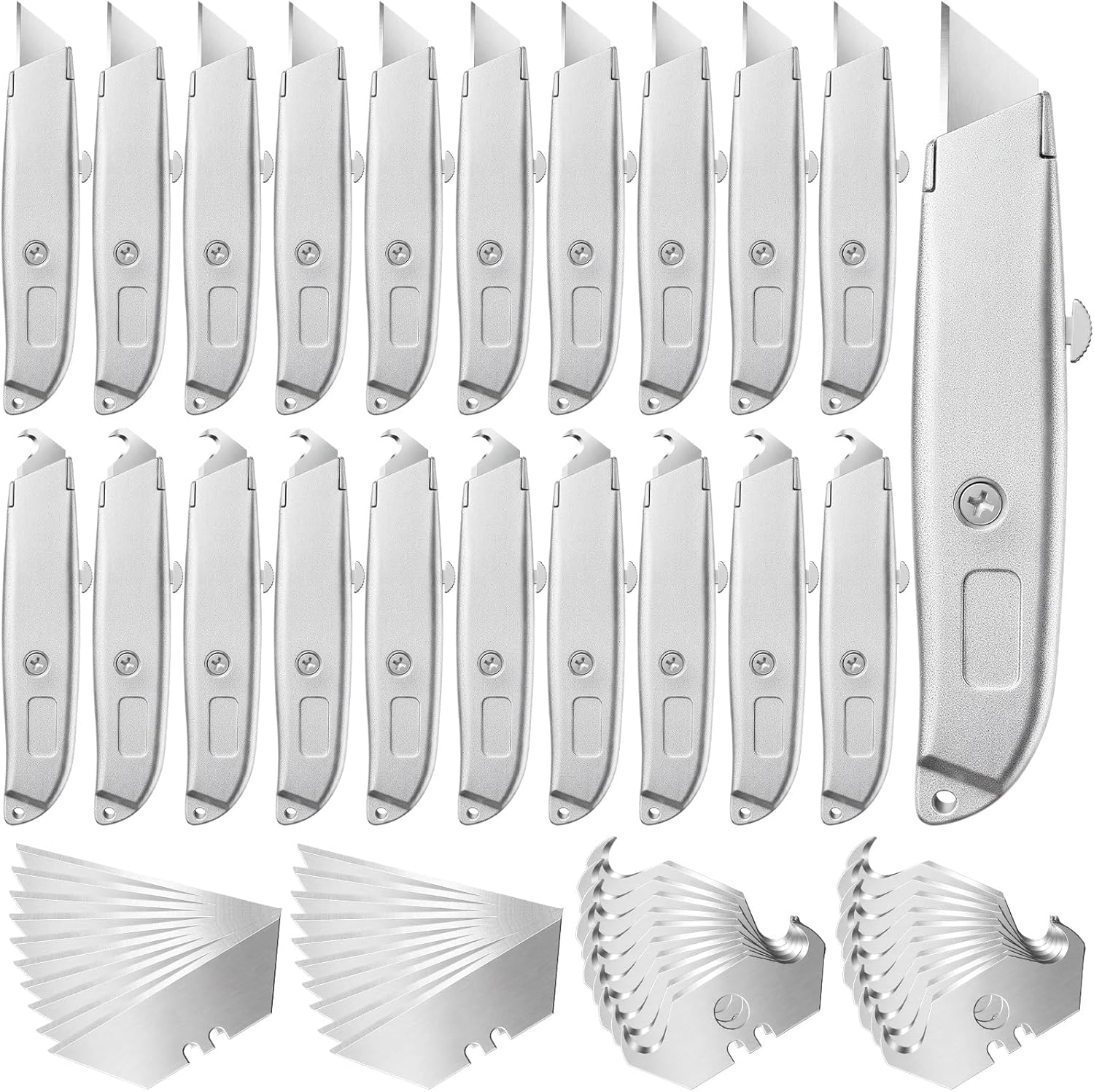 20 Pcs Silver Fixed Blade Roofing Knife Bulk, Heavy Duty Utility Knife with 40 Replacement Razor and Hook Blades Retractable Avajas Para Roofing Tools for Drywall, Vinyl, Carpet, Box Cutting