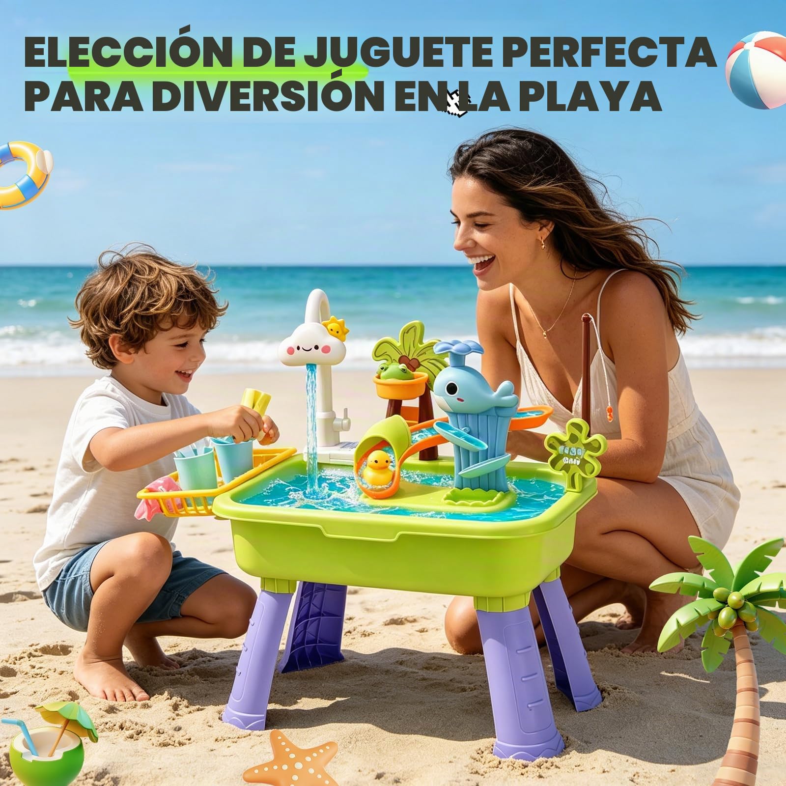 Fregadero de Juego 4 en 1 con Agua Corriente, Mesa de Agua para Niños con Pesca y Tobogán, Juguete Sensorial de Verano para Exterior