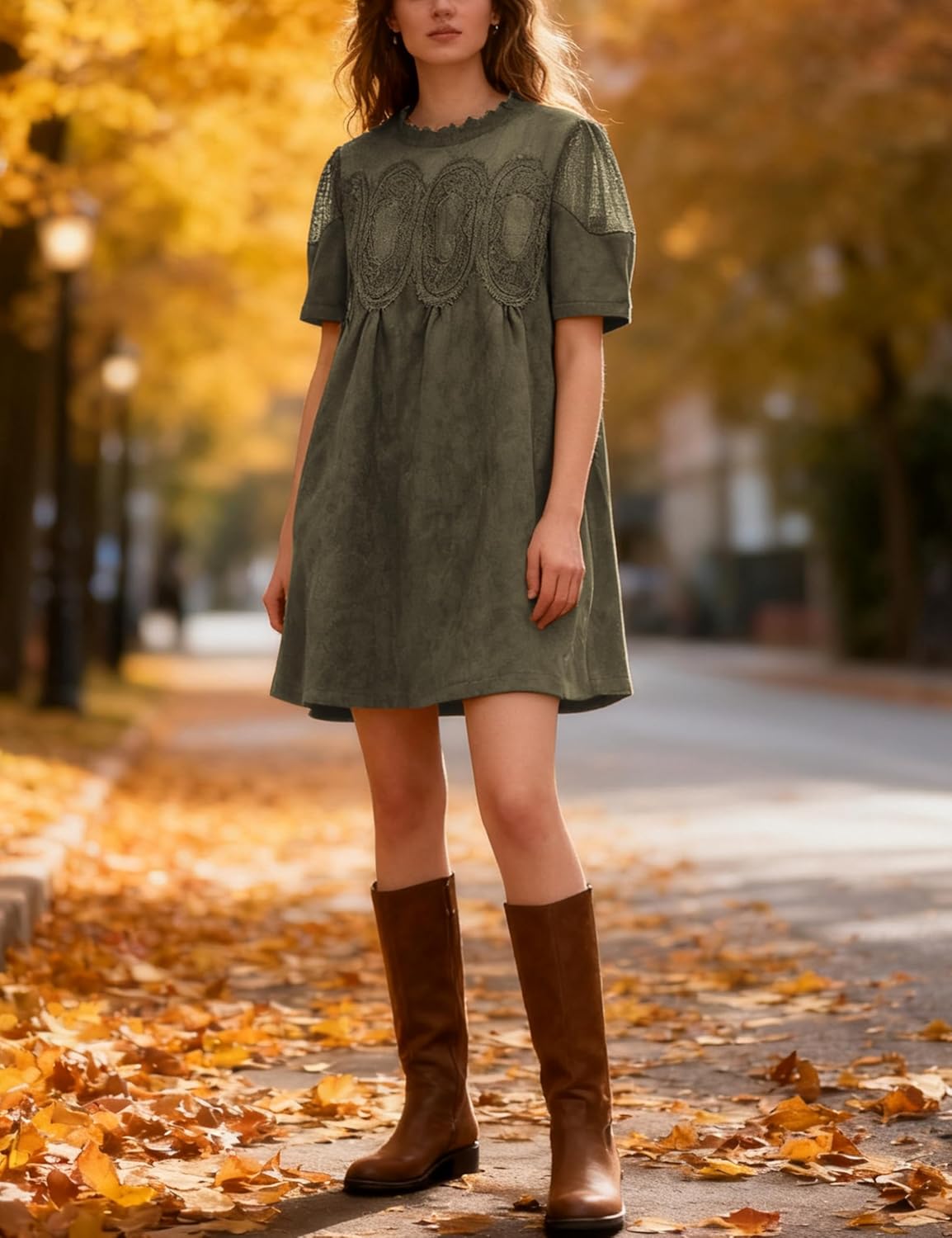 Athlisan Womens Faux Suede Mini Dress Lace Patchwork Short Sleeve Crew Neck A Line Babydoll Dress with Pockets - Image 2